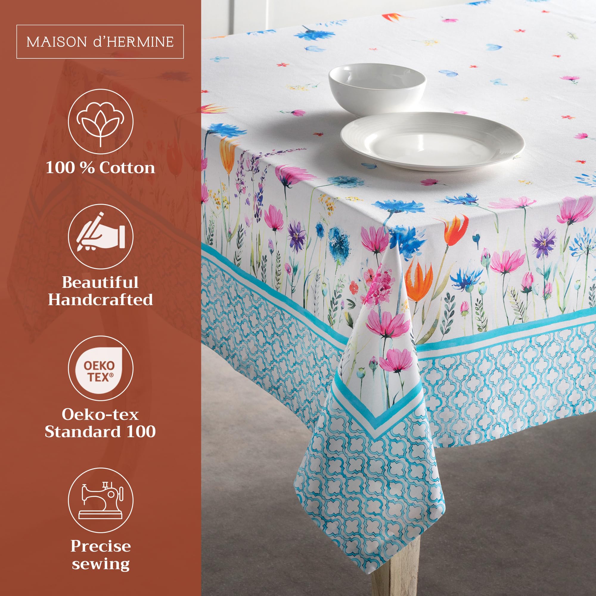 Maison d Hermine Table Cloth Rectangle Table 100% Cotton 60 x 120 Inches Tablecloth Reusable for Dining Room, Farmhouse, Home,