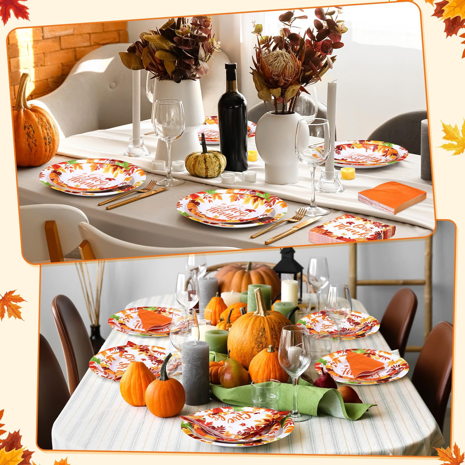 Funnymoom 200 Pcs Fall Thanksgiving Tableware Give Thanks Hello Fall Pumpkins Disposable Paper Dinner Dessert Plates Maple Leave