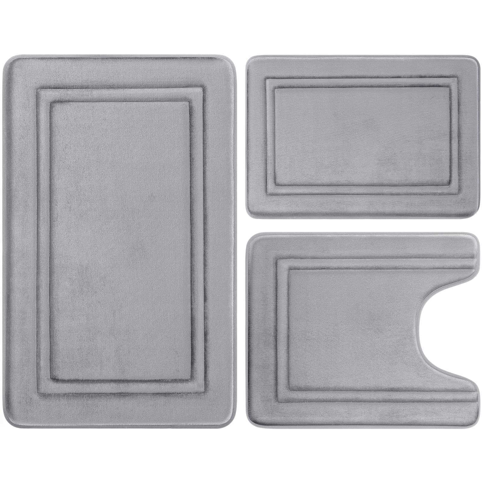 Bysure Grey Memory Foam Bath Mat, Non Slip Extra Soft Absorbent Machine Washable, Bathroom Rugs Sets 3 Piece For Toilet Shower S