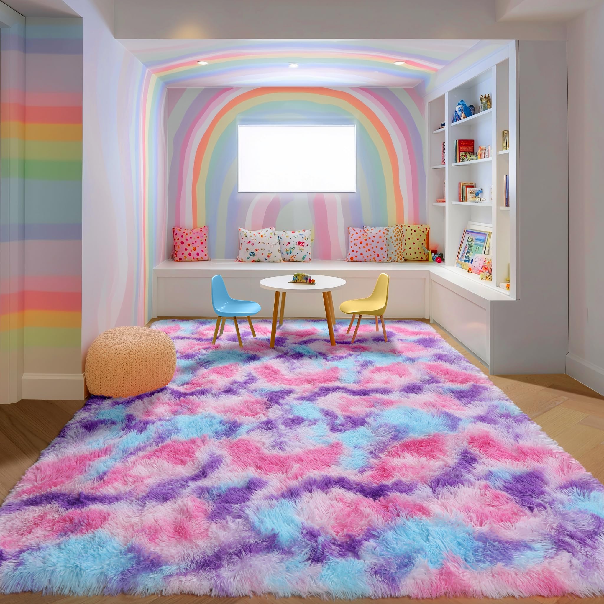 PAGISOFE Ultra Soft Rainbow Area Rugs for Girls Bedoom 4x6 Ft, Fluffy Cute Colorful Pastel Princess Carpet for Kids Teens Nurser
