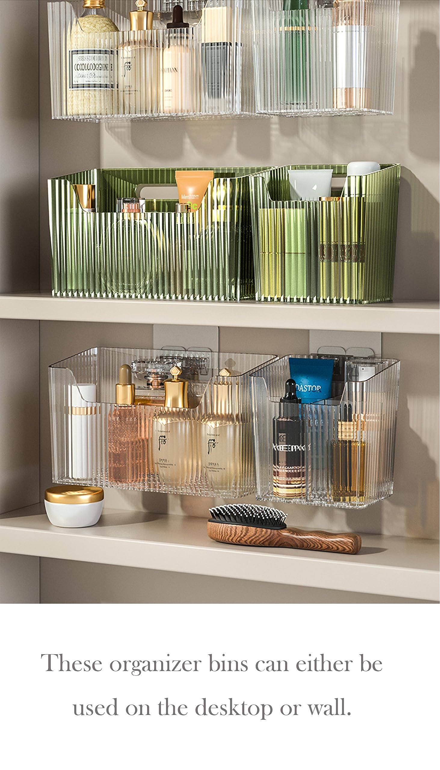 Set Of 2 Storage Organizer Bins Wall Mounted Organizer Basket, Shower Caddy Stackable Clear Plastic Makeup Organizer Adhesive Ha