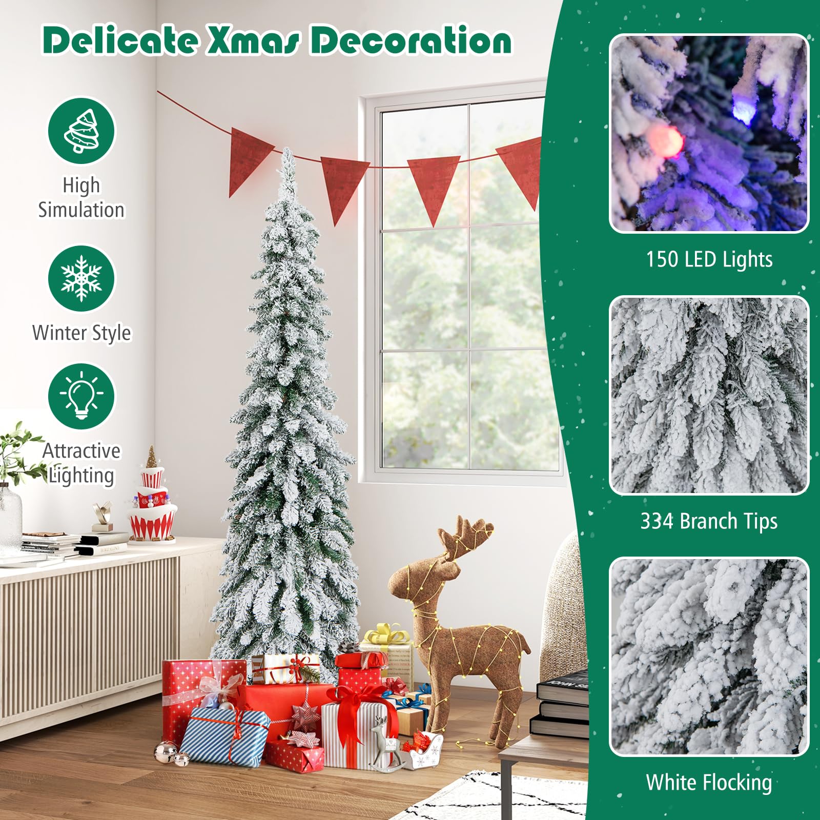 Goplus 5ft Pre-Lit Flocked Pencil Christmas Tree, Artificial Slim Xmas Tree with 334 PVC Branch Tips, 150 LED Lights, 2 Lighting