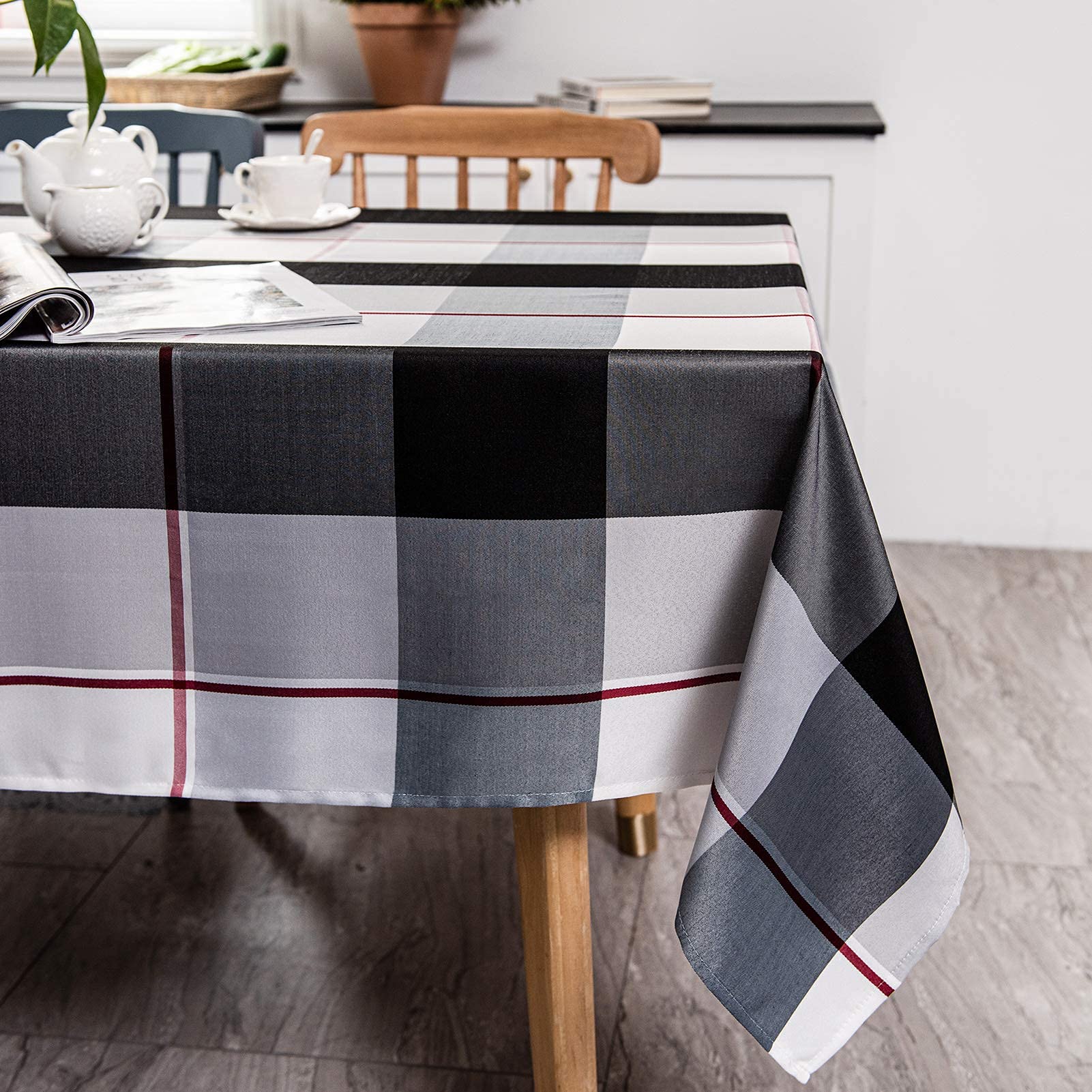 Melodieux Rectangle Plaid Check Tablecloth Spill Proof Water Wrinkle Resistant Table Cover Cotton Linen Textured Holiday Tabletop Decoration Kitchen Dining Room  60'' x 120''  Black