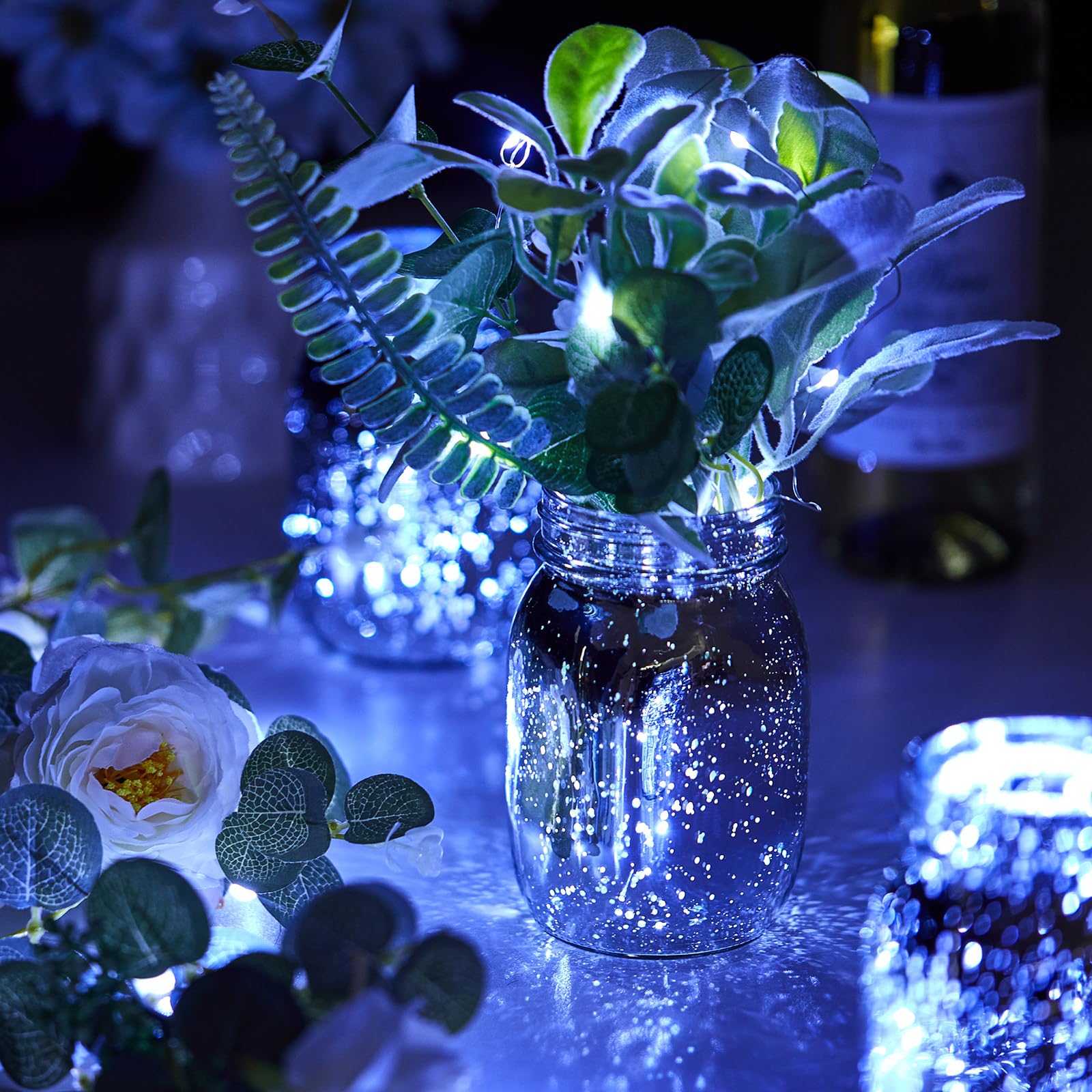Layhit 6 Pcs Painted Mason Jars Colored Painted Mason Jars Centerpiece for Table with 6 Pcs 9.84 ft 30 LED Operated Fairy Lights