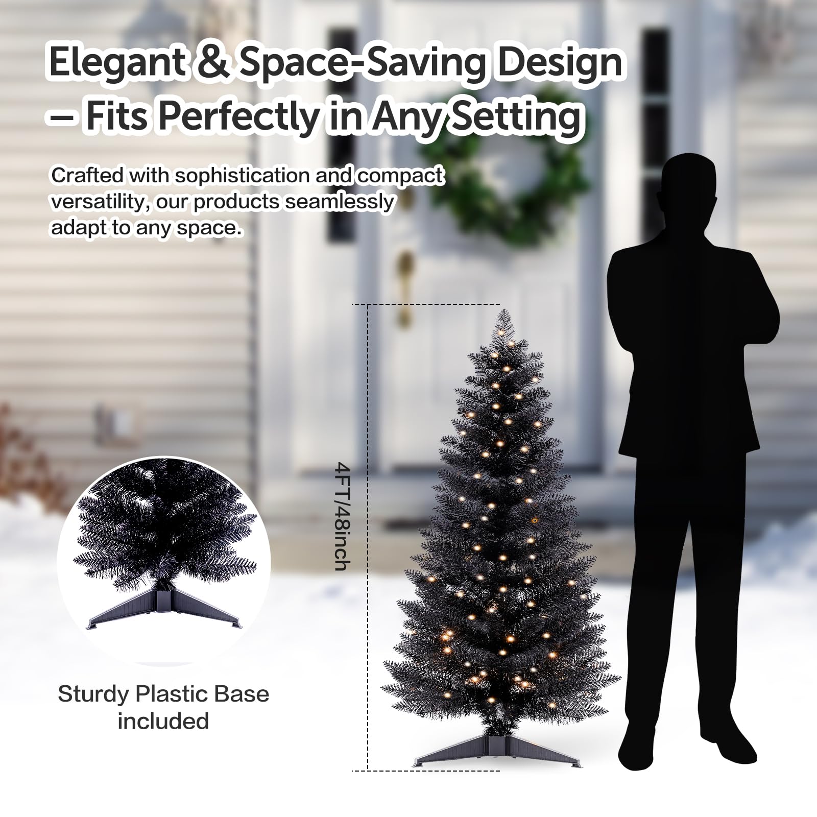 Santanelo 4ft Lighted Halloween Black Christmas Tree, Artificial Christmas Tree with Lights,Small Snowy Artificial Xmas Tree for