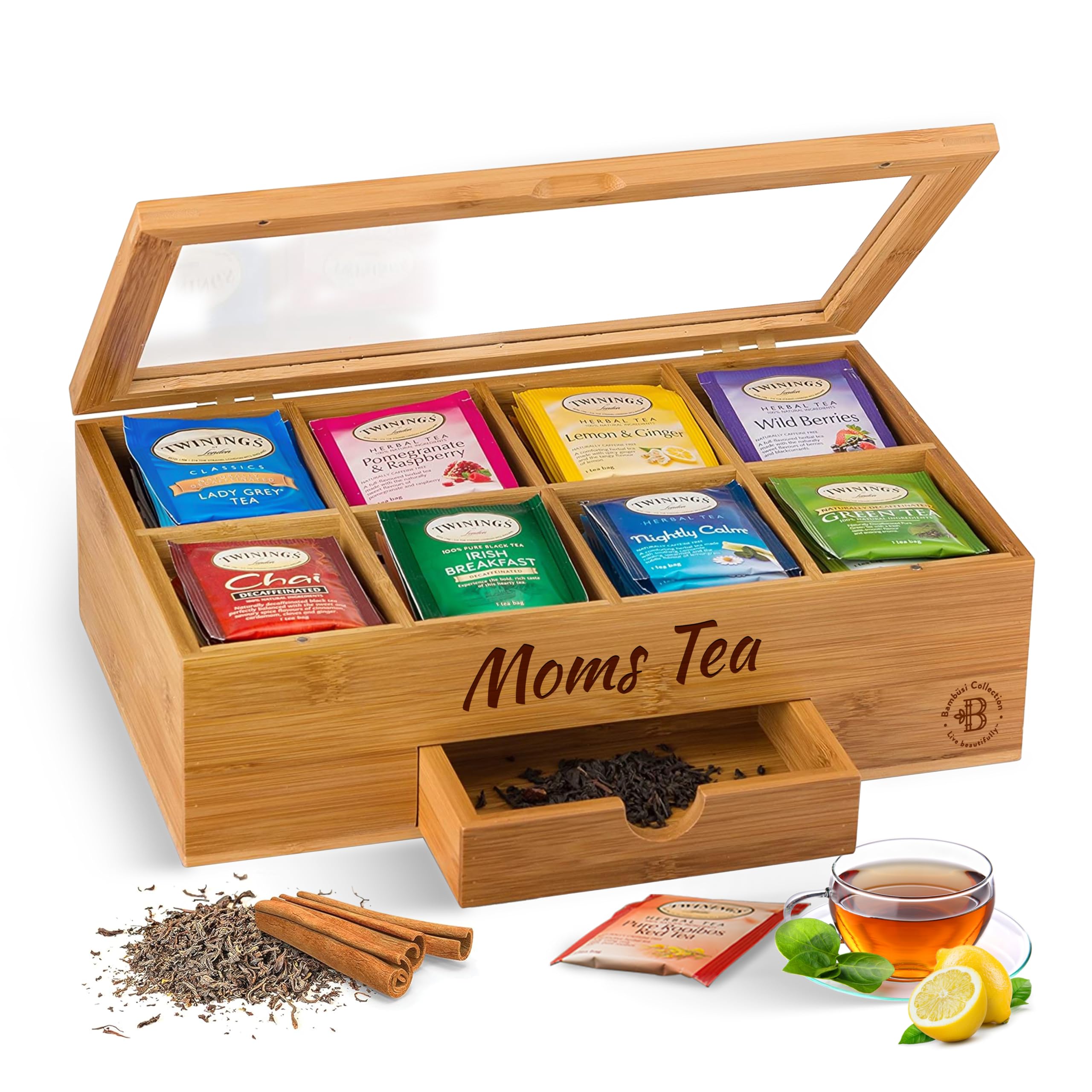 Personalized Tea Bag Organizer - Custom Engraved Bamboo Tea Box Organizer, 8-Compartment Tea Box with Magnetic Acrylic Lid, Moth