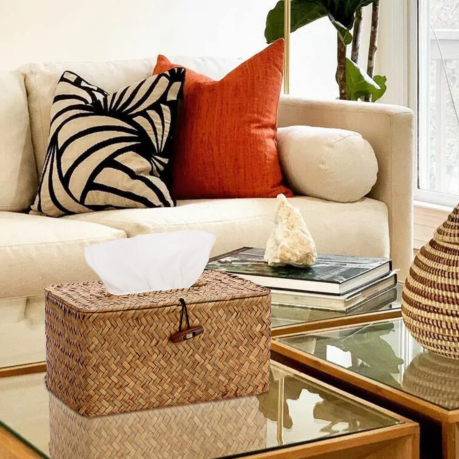 Sumnacon Tissue Box Cover Large Rectangle Tissue Box Seagrass Tissue Box Holder Woven Tissue Holder Decorative Tissue Cover For