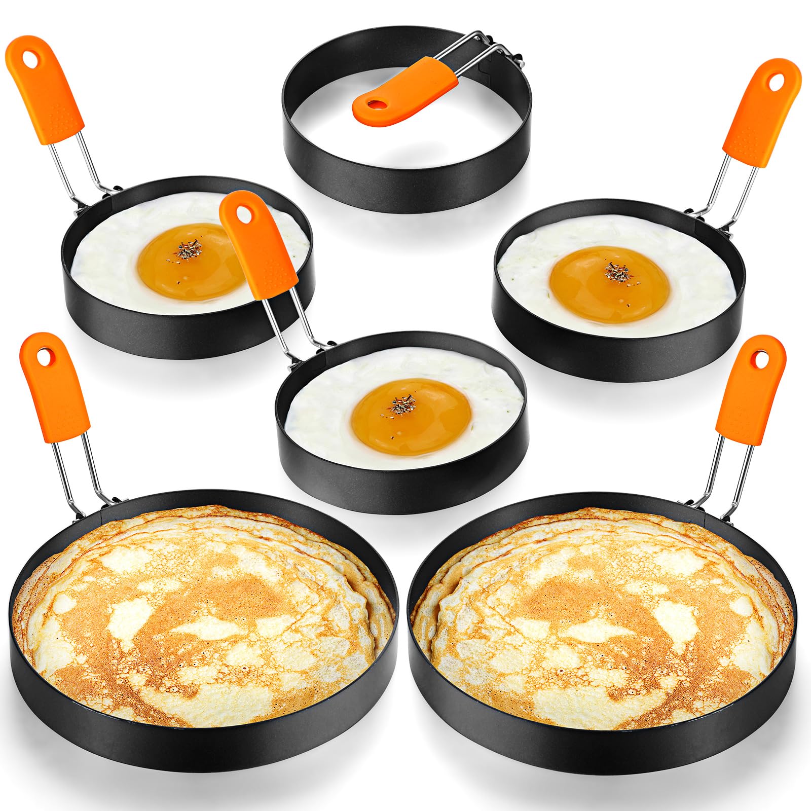 6 Pcs Professional Egg Ring Pancake Ring Set Stainless Steel Fried Egg Ring Griddle Pancake Shapers With Orange Silicone Handle