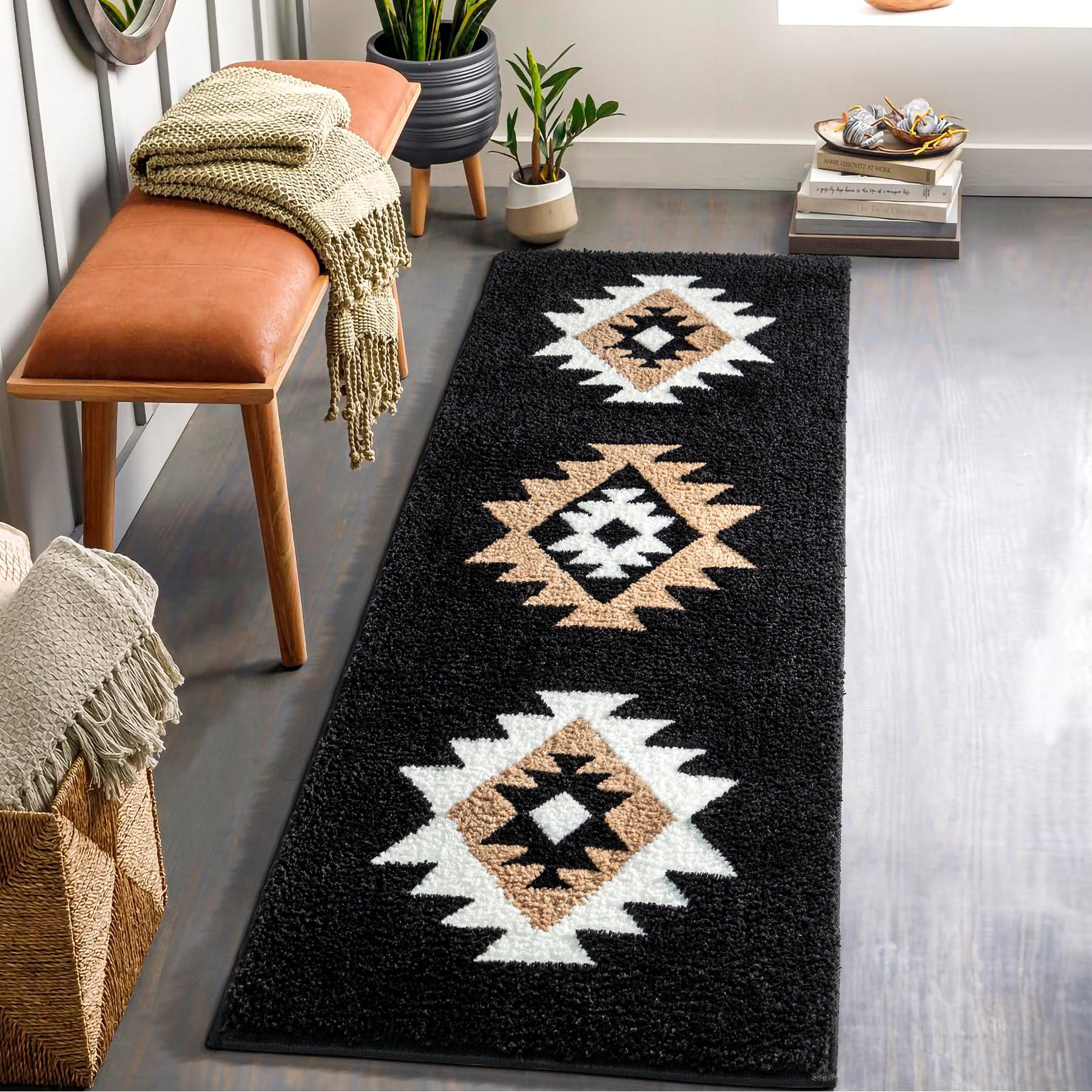 Dexde Boho Bathroom Rugs Black Aztec Bath Mat Non Slip Long Bathroom Rug Runner Luxury Soft Absorbent Carpet For Bathroom Shower