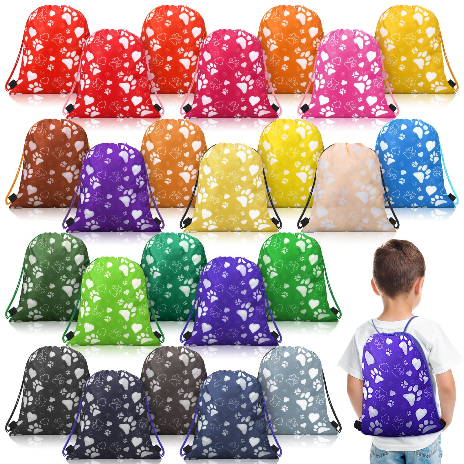 Talltalk 24 Pcs Paw Print Drawstring Backpack Reusable Paw Bags Pet Party Favor Gift Candy Goodies Treat String Bags Pet Theme B