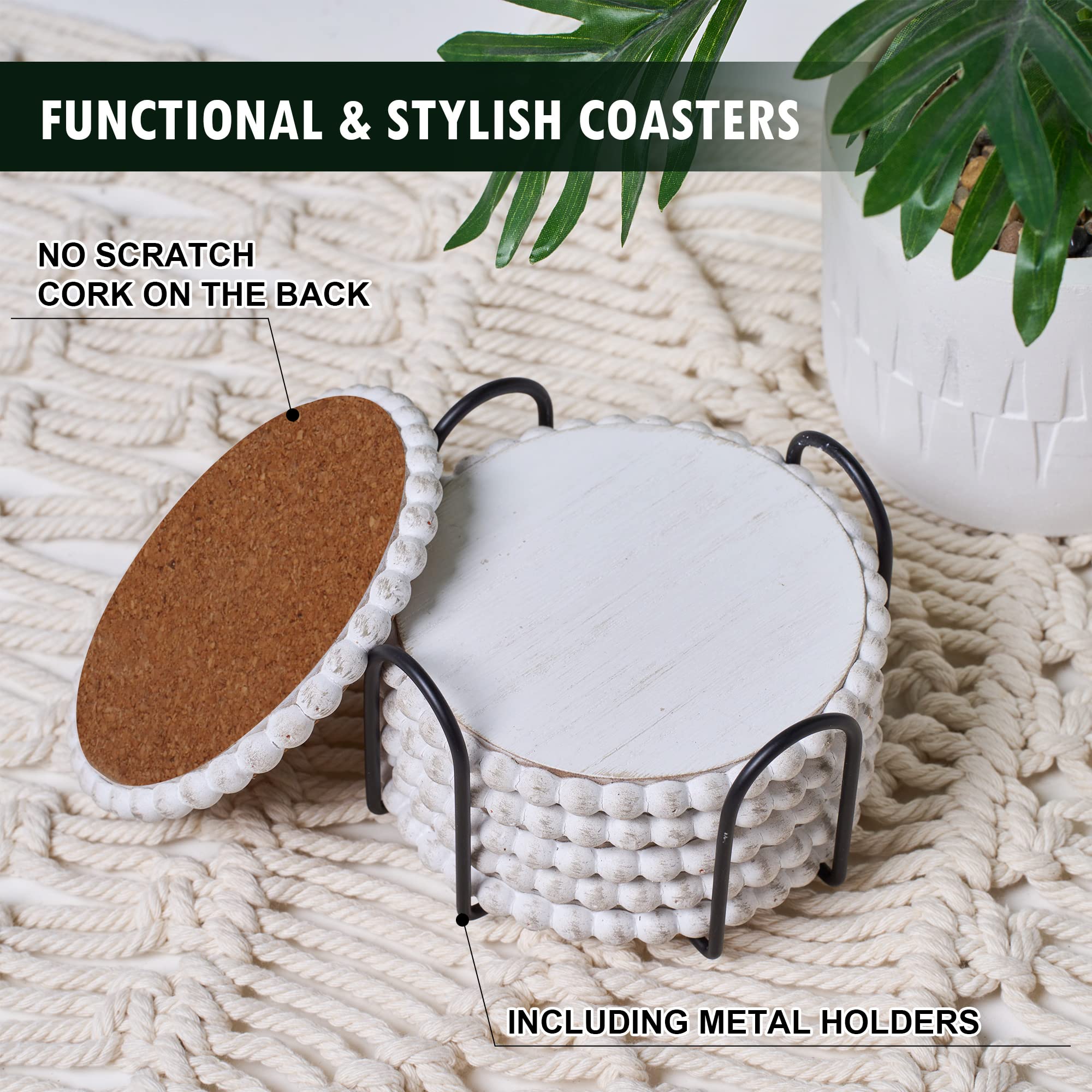 Genmous 6 Pack Farmhouse Wooden Bead Coasters With Metal Holder For Coffee Table Decor, Round Handmade Cup Coasters Set For Drin