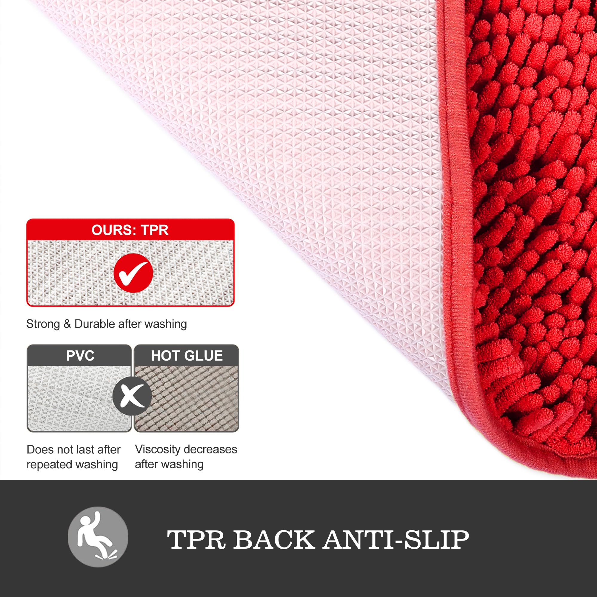 Yeaban Red Bathroom Rugs - Thick Chenille Bath Mats | Absorbent And Washable Bath Rug Non-Slip, Plush And Soft Rugs For Bathroom