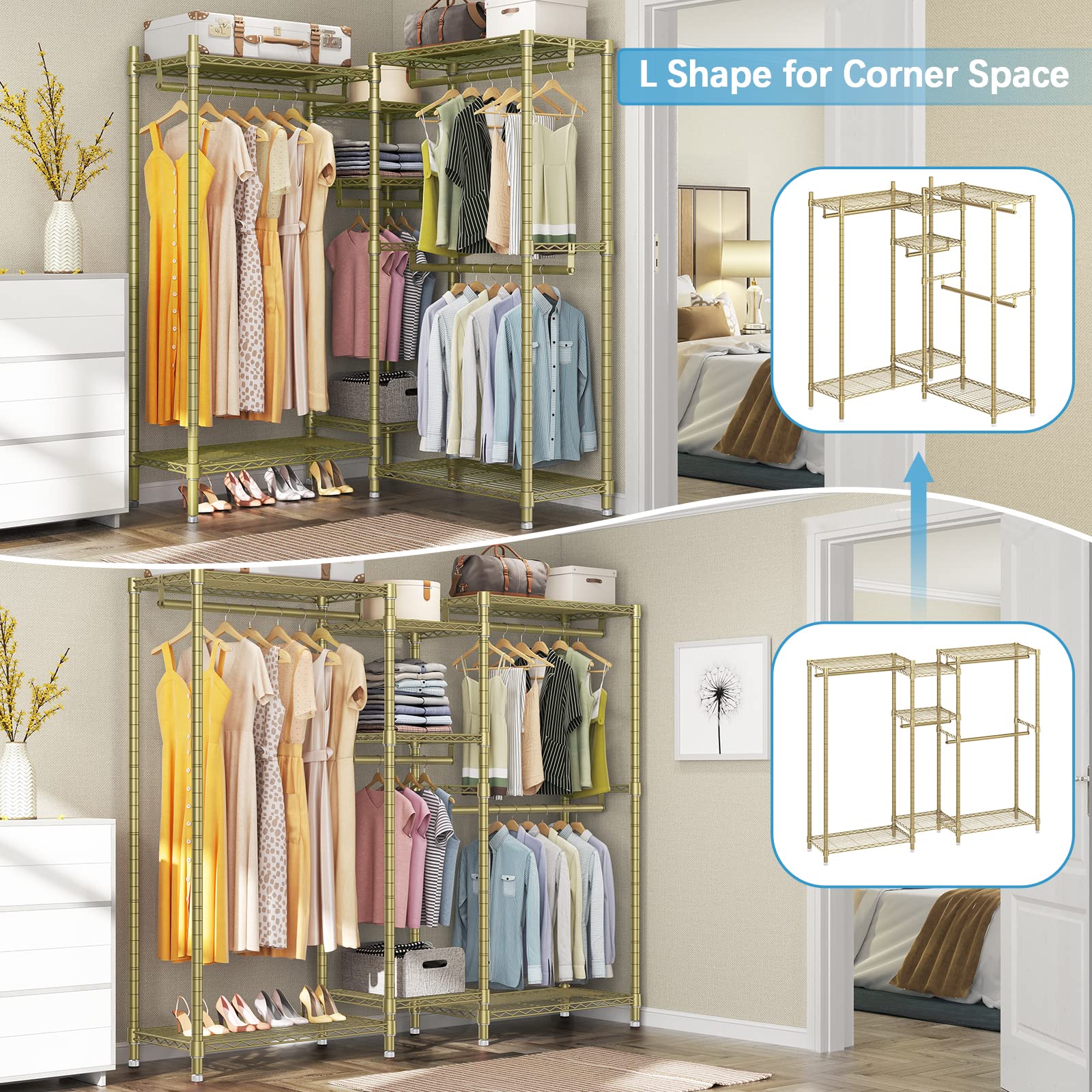 VIPEK V6 Wire Garment Rack Heavy Duty Clothes Rack with 7 Adjustable Shelves & 4 Hanging Rods  Compact DIY Metal Clothing Rack 74.4'' L x 17.7'' W x 76.8'' H  Max Load 780LBS  Gold