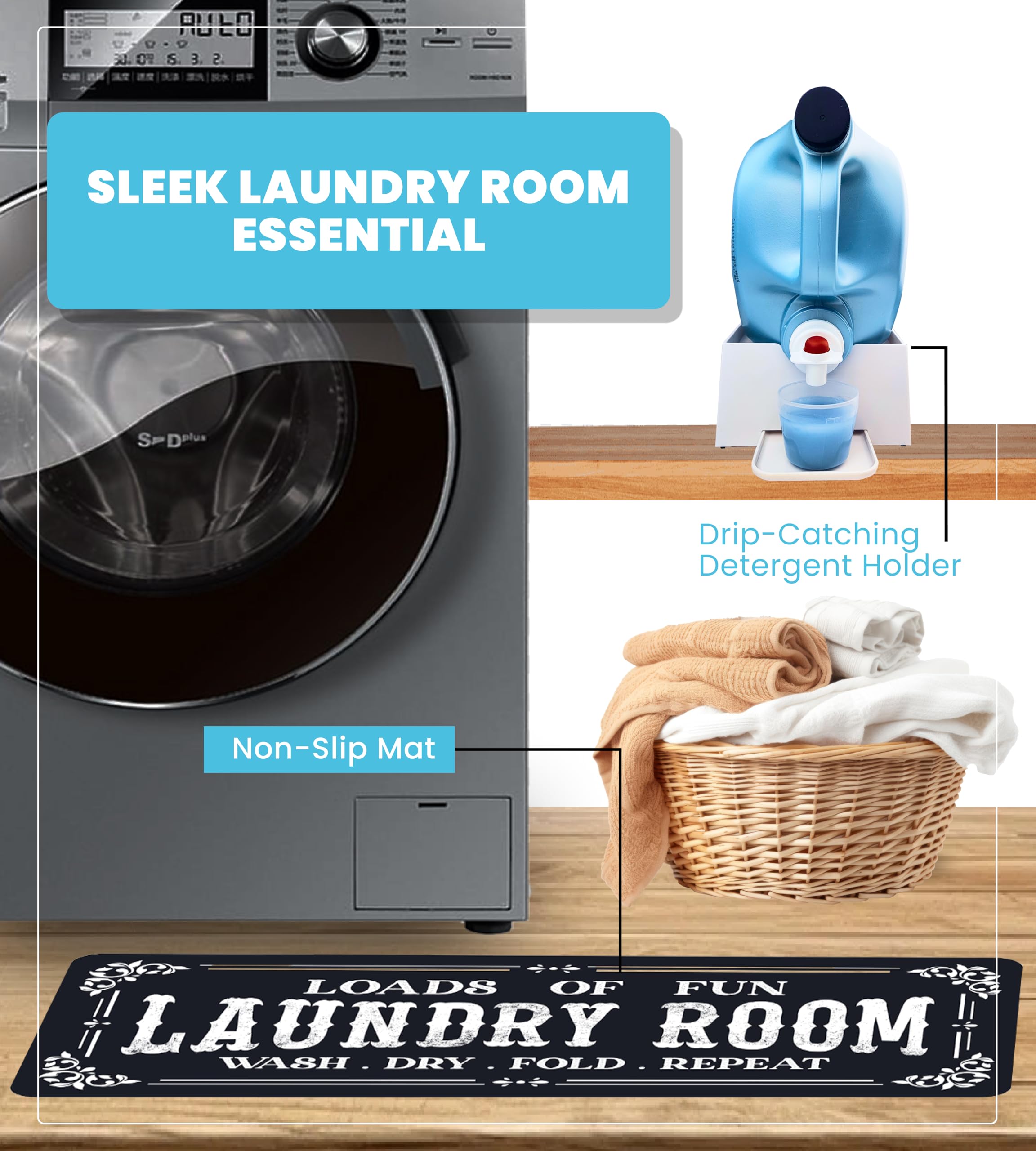 Skywin Laundry Detergent Holder With Laundry Room Rug Runner - Laundry Detergent Cup Holder With Drip Tray And Laundry Rugs For