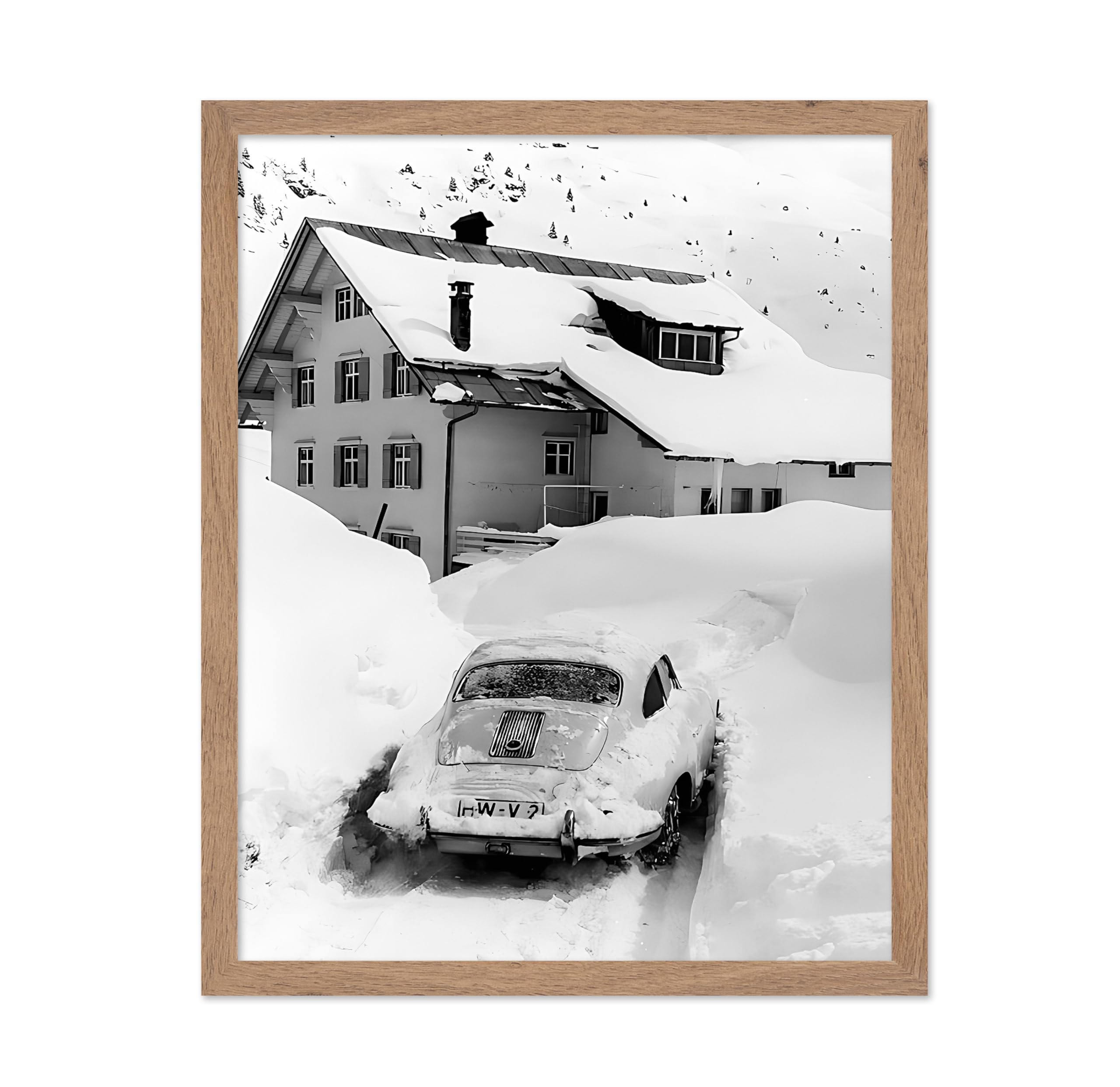 Poster Master Car Stuck in Snow Poster - Ski Print - Car Art - Winter Art - Snow Art - Photography Art - Black and White Art - L