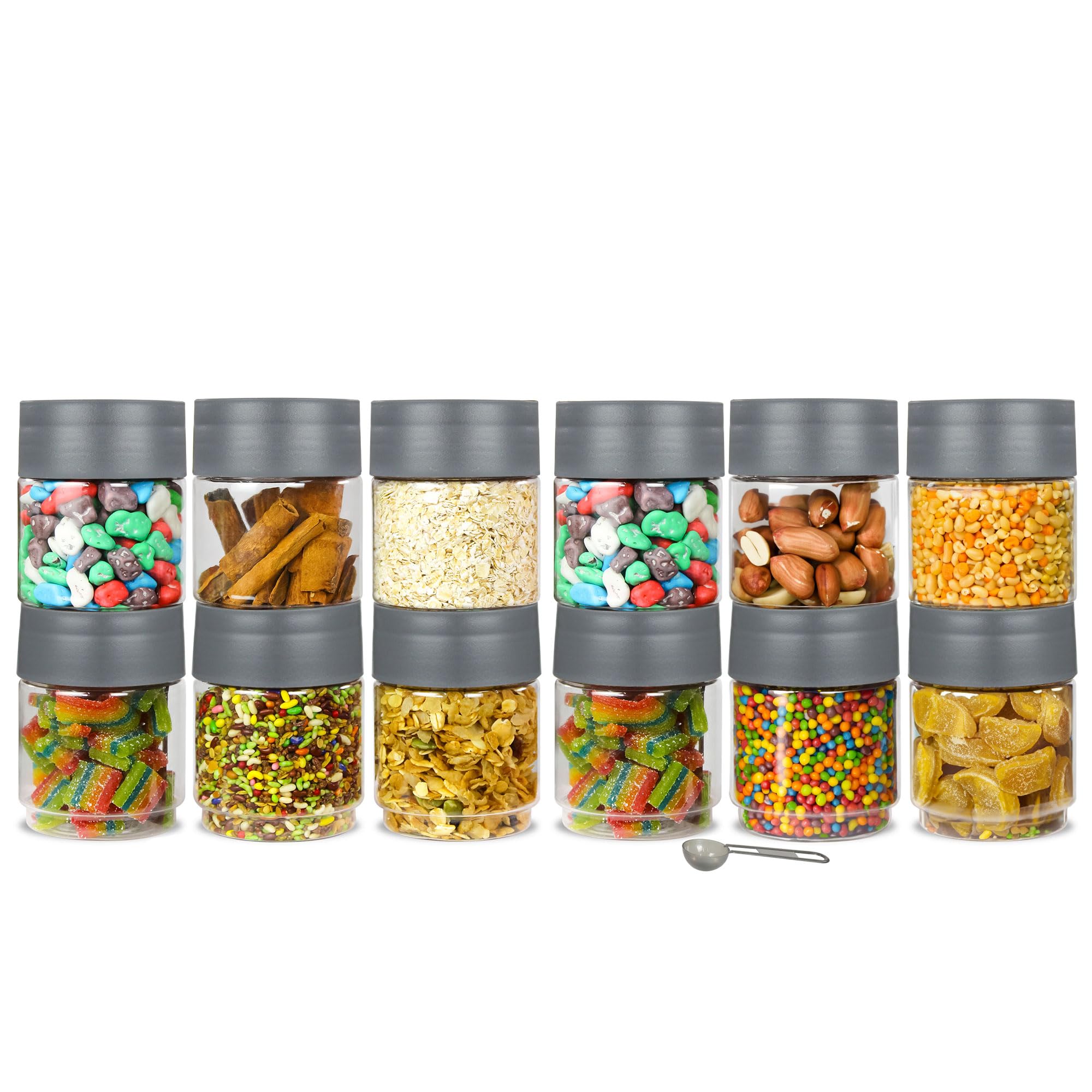 Pearlpet Modedge Plastic Jar Airtight Stackable Container For Kitchen Storage With Spoon, Set Of 6 Pieces, Brown, 800 Ml