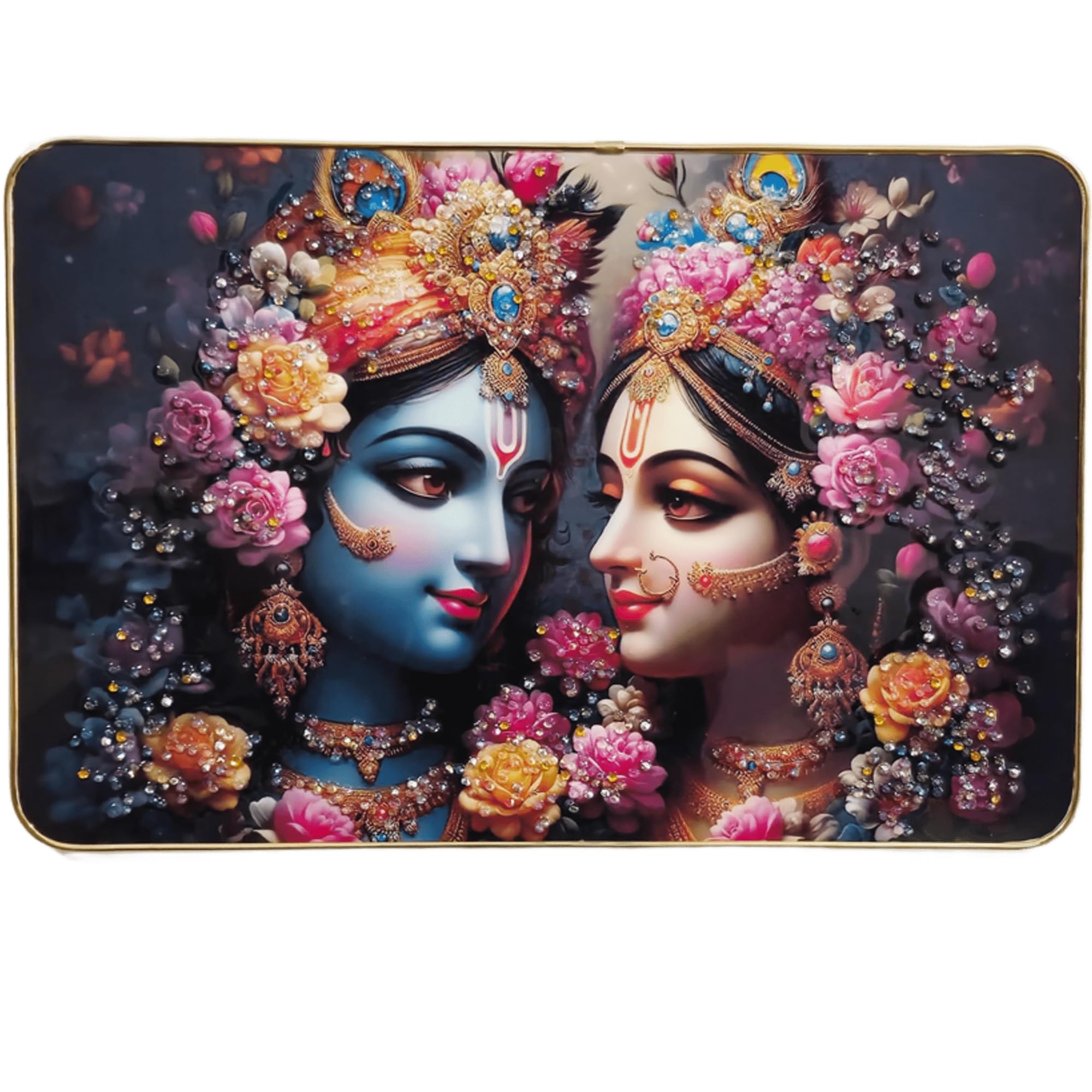 Masstone Radha Krishna Wall Painting  Crystal Embedded, High Gloss, Gold Slim Frame, 45X30 Cm Wall Art For Living Room, Bedroom,