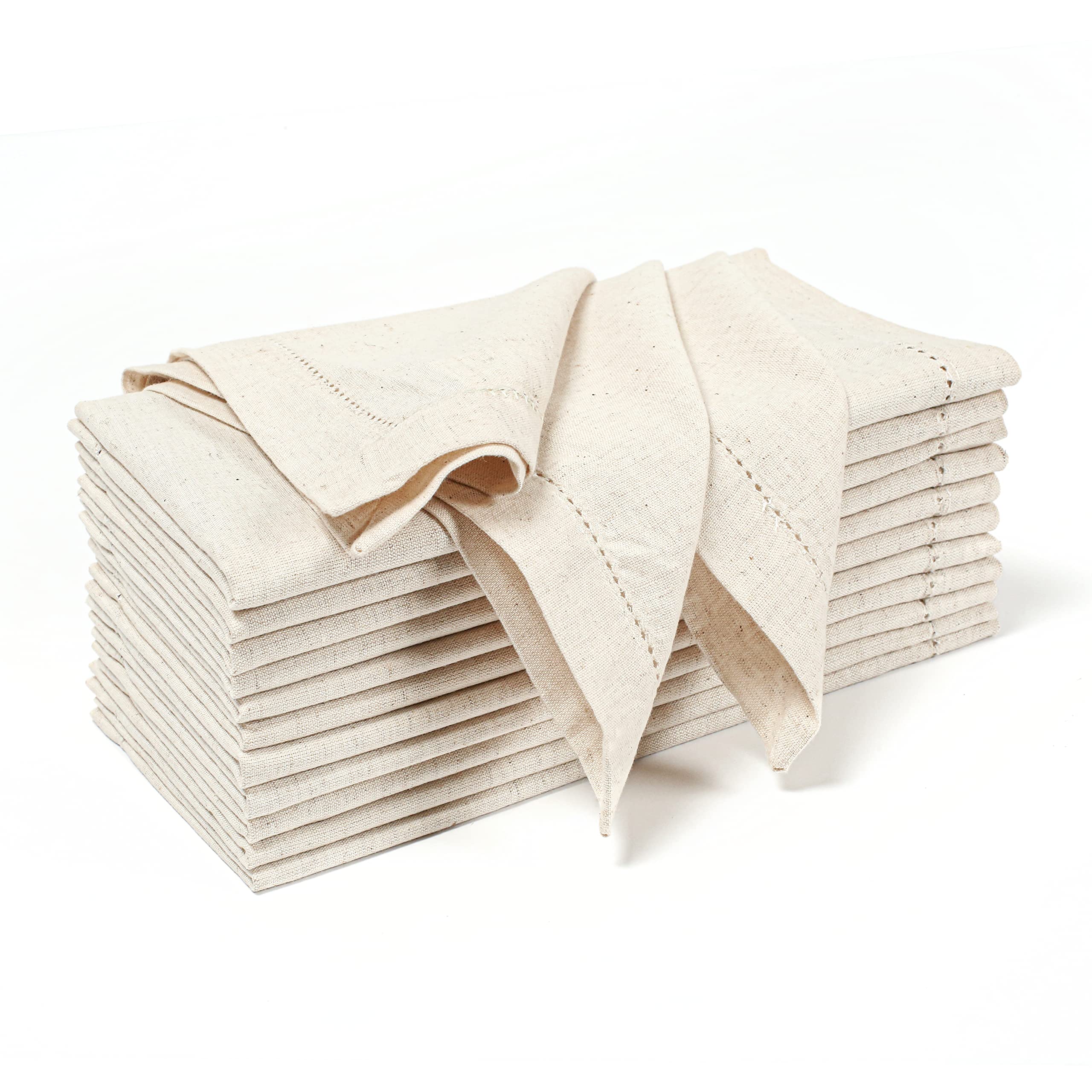 12-Pack Hemstitched Dinner Napkins Oversized 20X20 - Flax-Cotton Fabric Tailored With Mitered Corner - Ideal For Events And Regu