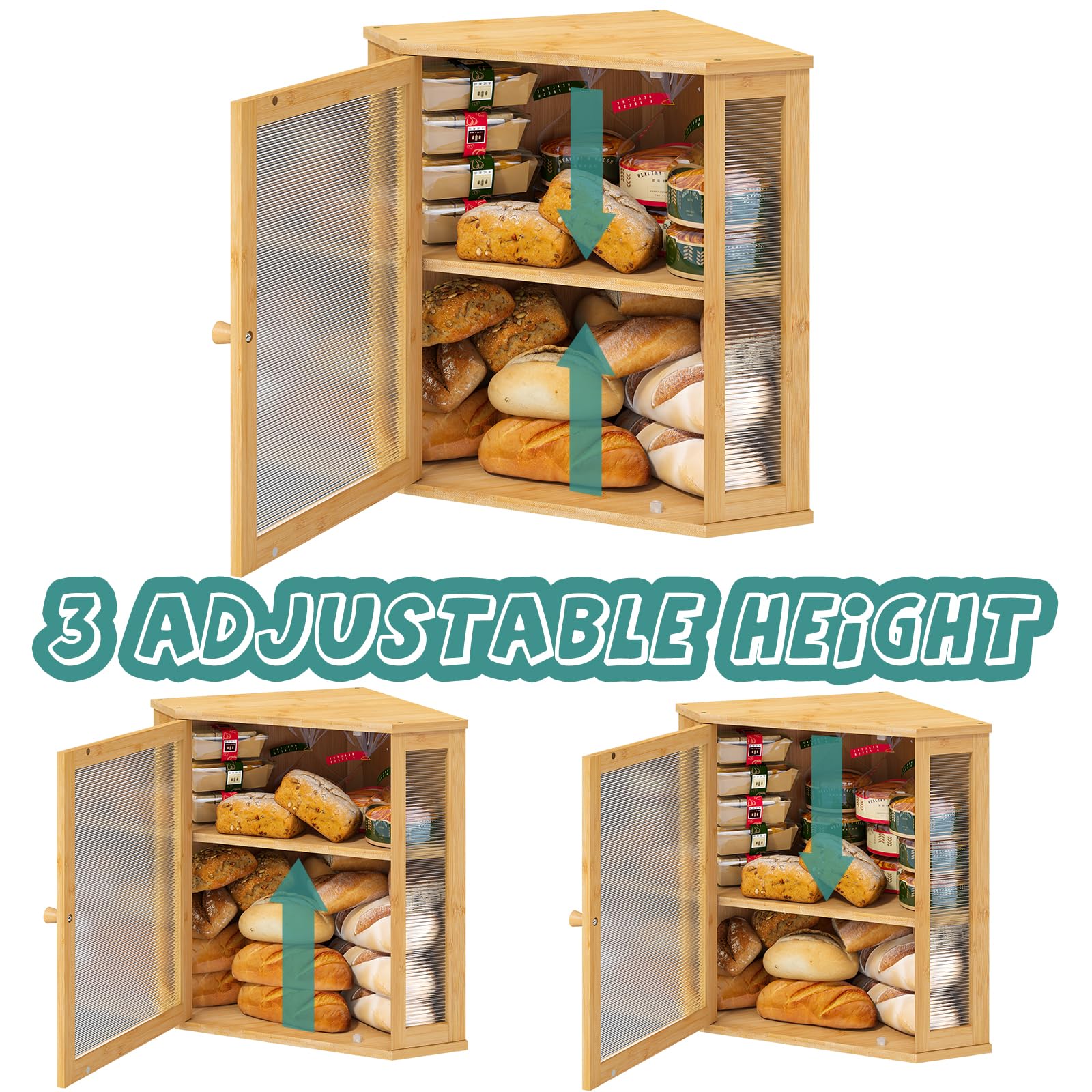 Viewcare Corner Bread Box For Kitchen Counter, Bamboo Wood Large Capacity Bread Storage Bin With Acrylic Wavy Door Panel (Natura