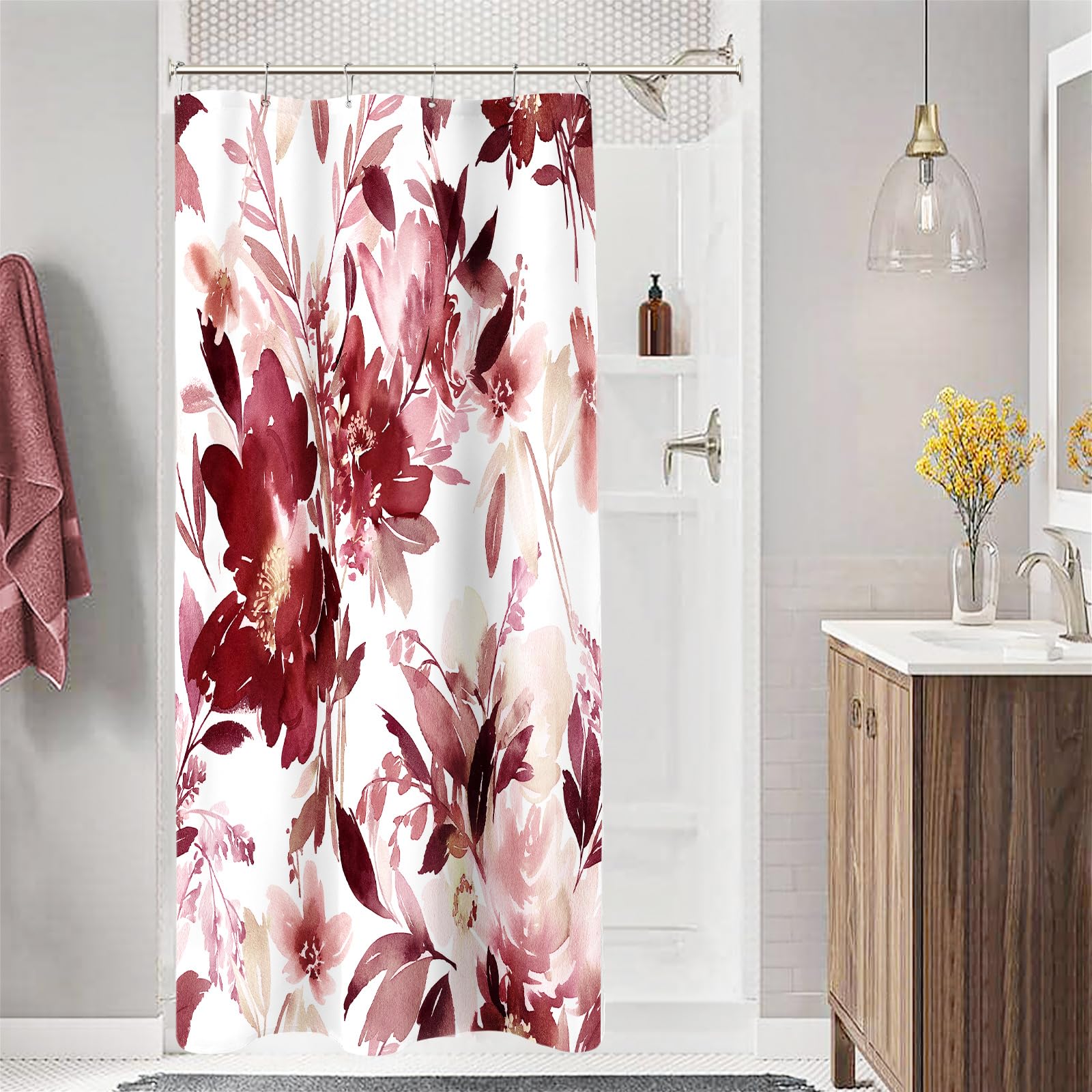 Mayzus Small Stall Shower Curtain 36 X 72 Inch, Half Narrow Watercolor Floral Fabric Shower Curtain, Modern Abstract Burgundy Re