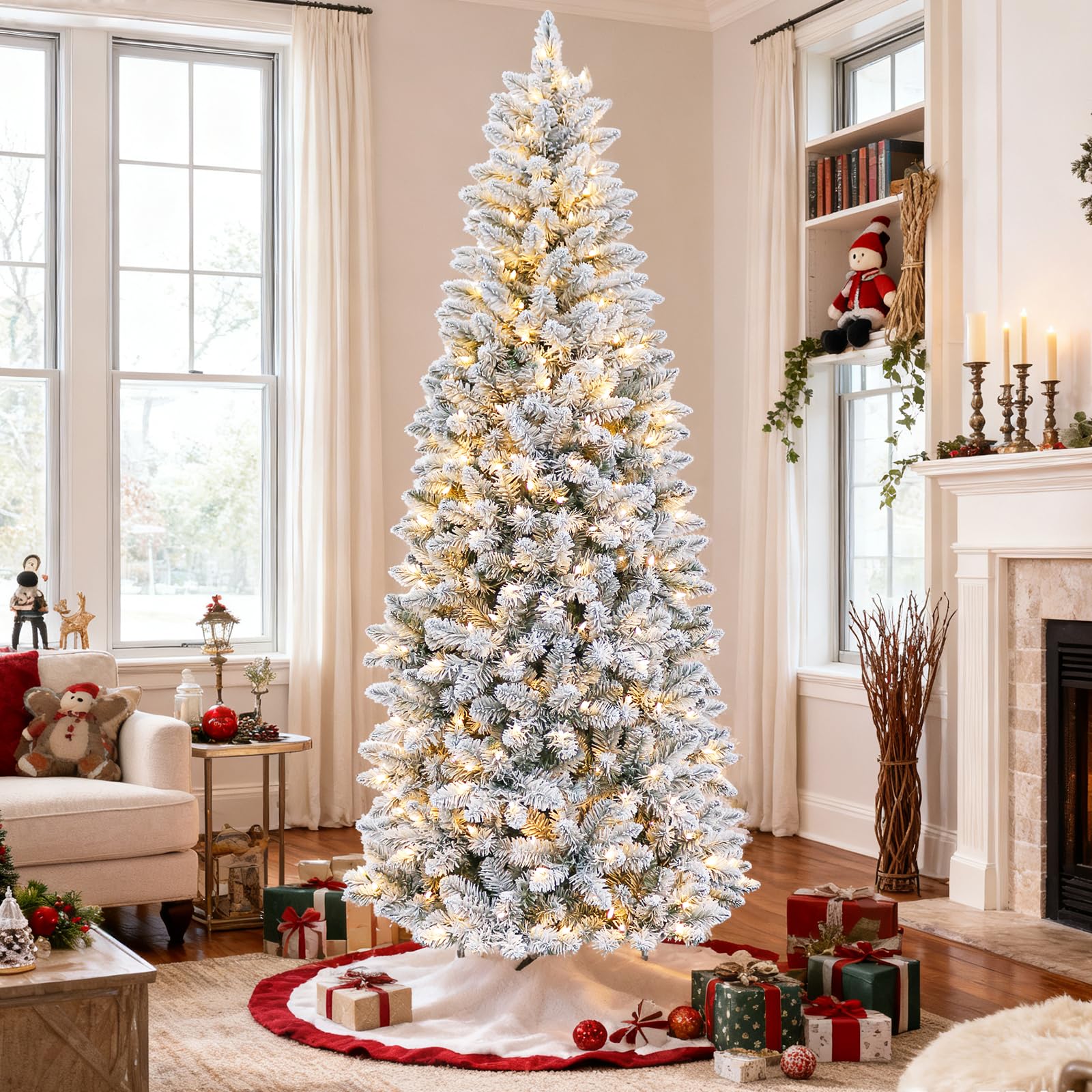 Hykolity 7.5 ft Pencil Prelit Christmas Tree, Artificial Slim Christmas Tree with 300 Multicolor LED Lights, 792 PVC Branch Tips