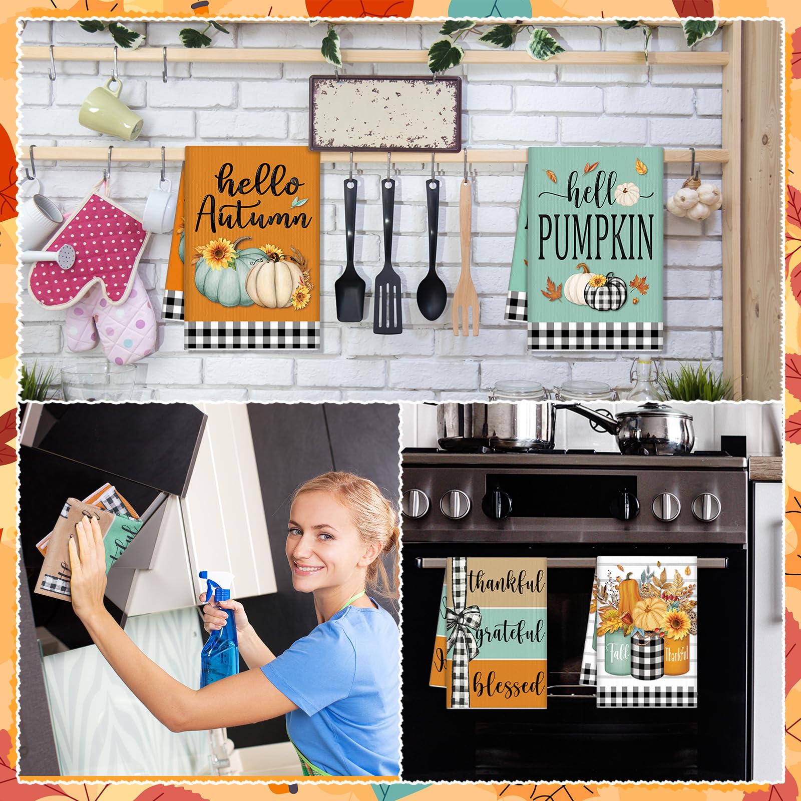 Windkream 6 Pieces Fall Thanksgiving Kitchen Towels Blue Orange Pumpkin Tea Dishtowels Buffalo Plaid Autumn Bathroom Hand Towels