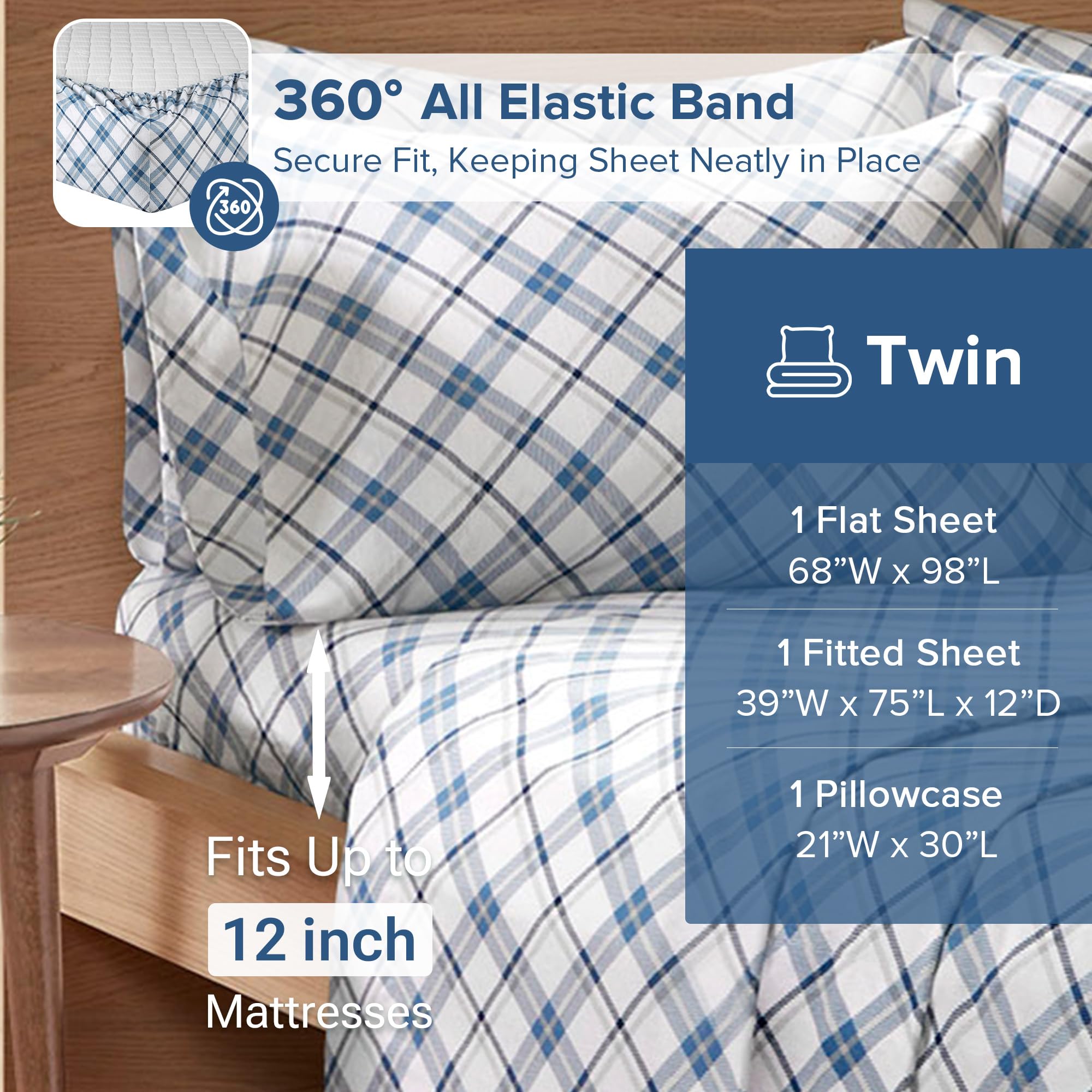 Comfort Spaces Cotton Flannel Breathable Warm Deep Pocket Sheets With Pillow Case Bedding, Twin, Plaid Blue, 3 Piece