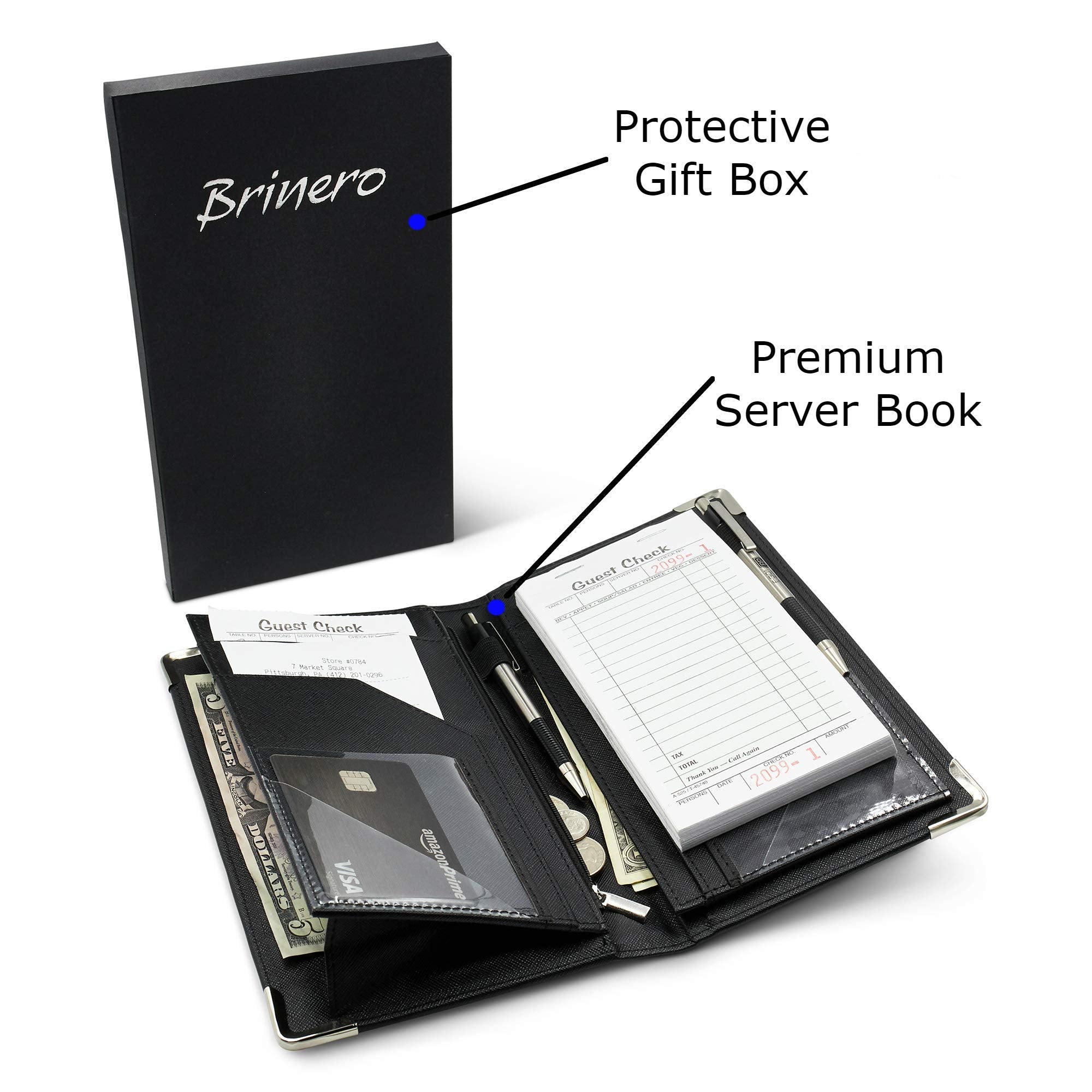 Brinero Premium Server Book  Newly Improved Magnetic Bulk Pockets for 2022  2 Pen Holders  Zipper Pocket  Firm Writing Surface