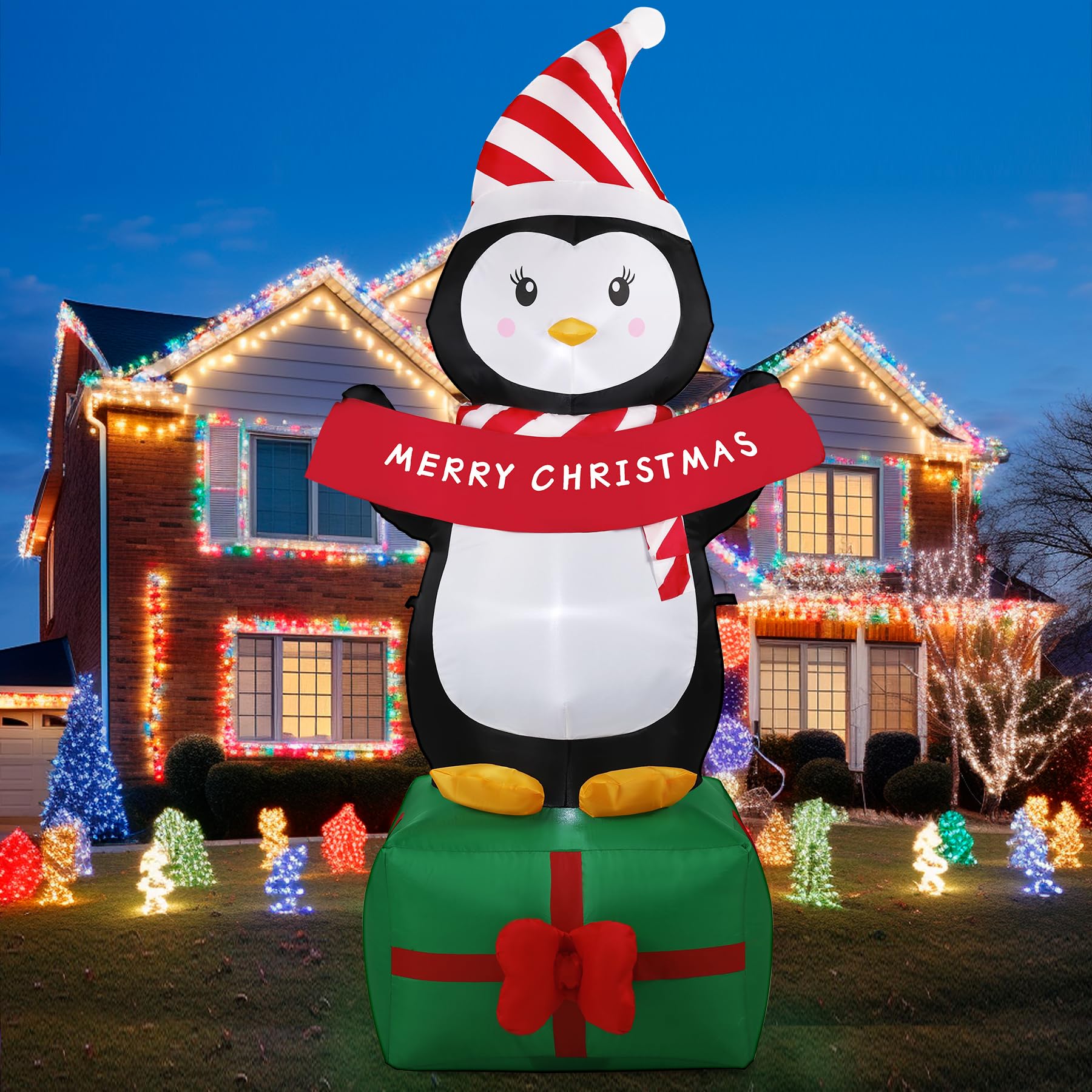 GIFTFIND 6FT Christmas Penguin Inflatables Decoration with LED Lights, Blow Up Outdoor Decoration for Christmas Party, Holiday X