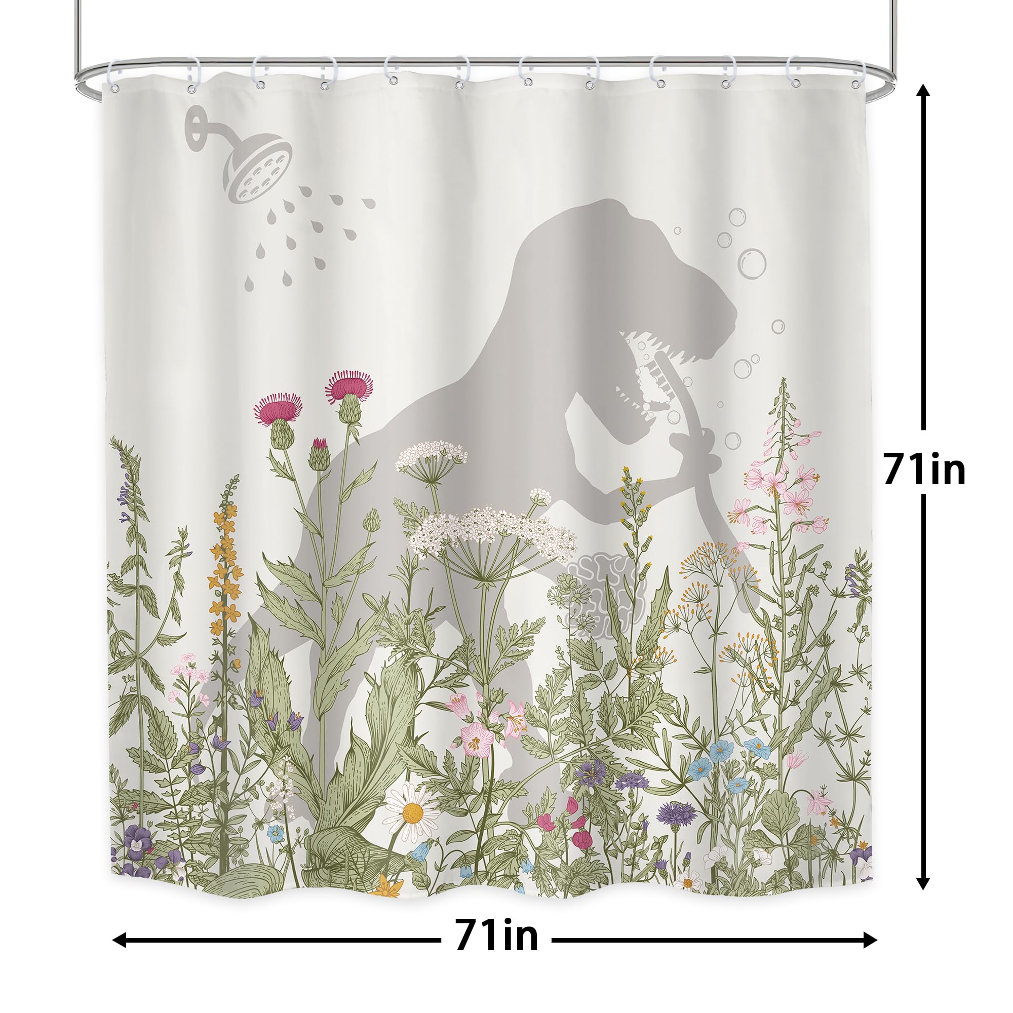 Lghtyro Wildflower Dinosaur Kids Shower Curtain Bathroom Set 71Wx71H Inches Funny Dino Silhouette Floral Rustic Plant Leaves Bot