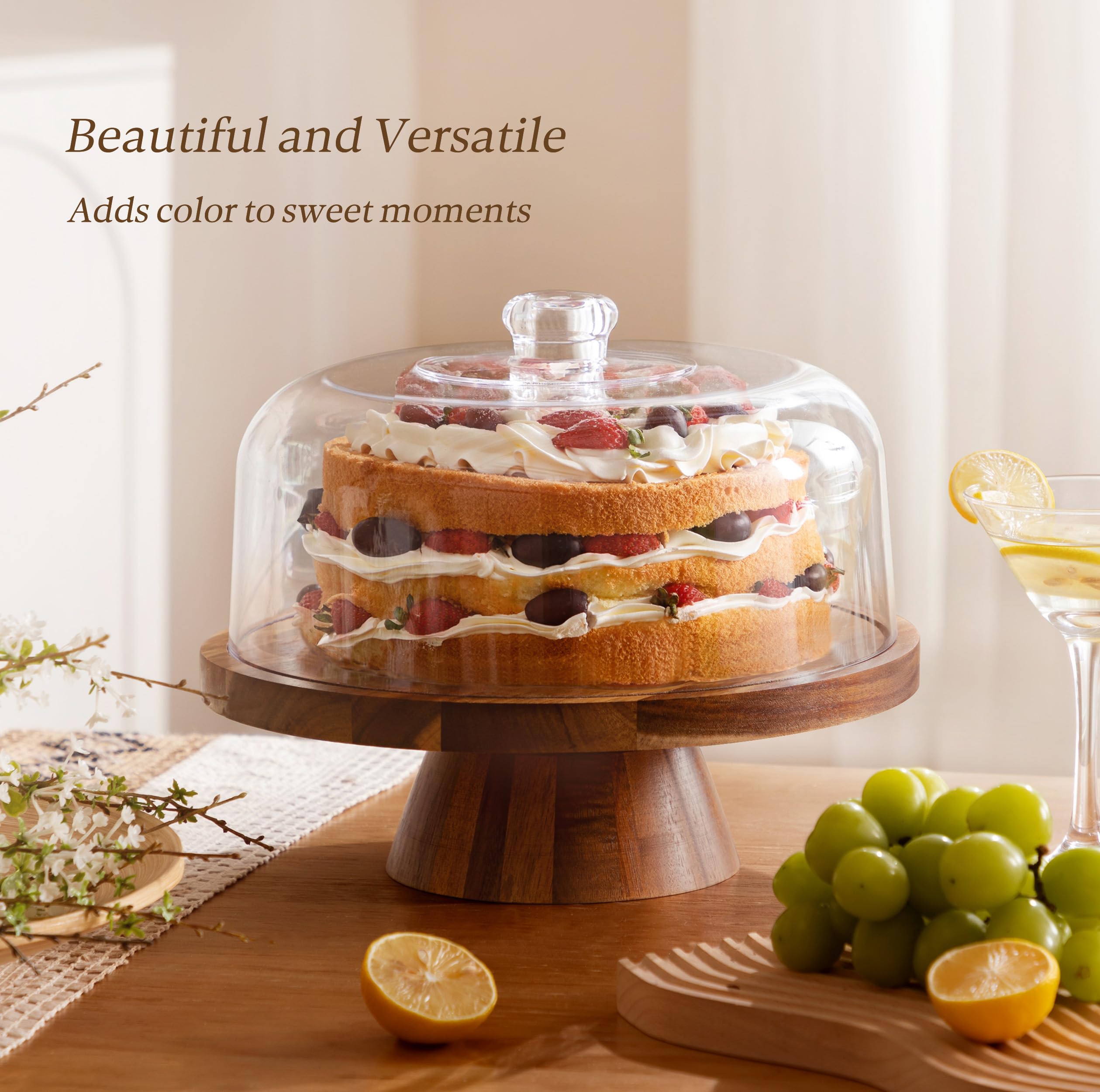 Hblife Cake Stand With Lid Multifunctional Cake Stand With Acrylic Dome Acacia Wood 6-In-1 Cake Plate Display Stand With Cover F