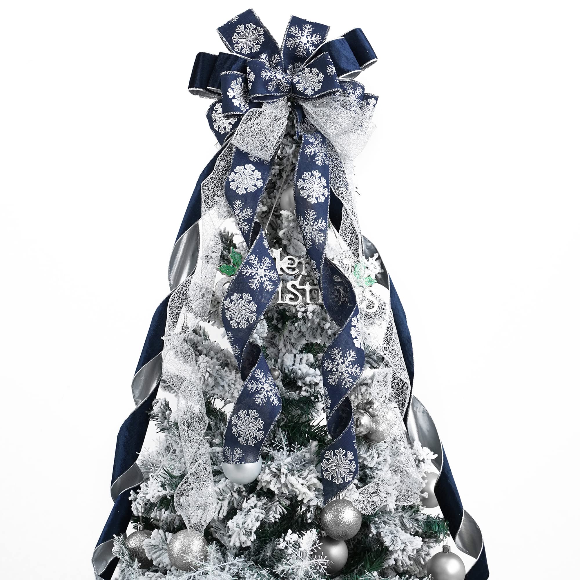 MEEDEE Navy Blue Tree Topper Navy Blue Christmas Tree Topper Bow 12 inch Wide Navy Blue Silver Glitter Yule Tree Wreath Bow Chri