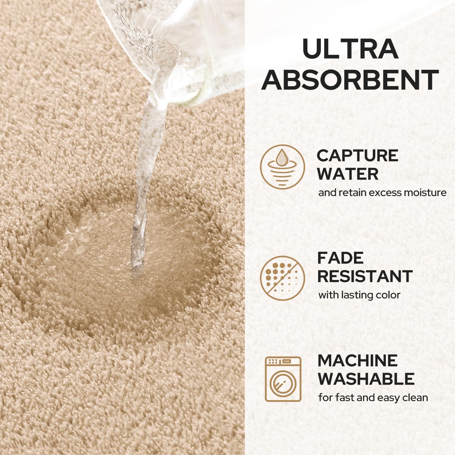 Homeideas Upgraded Bathroom Rugs Set 3 Piece, Extra Thick Absorbent Soft Memory Foam, Washable Toilet Bath Mat (Beige,17''X24''+