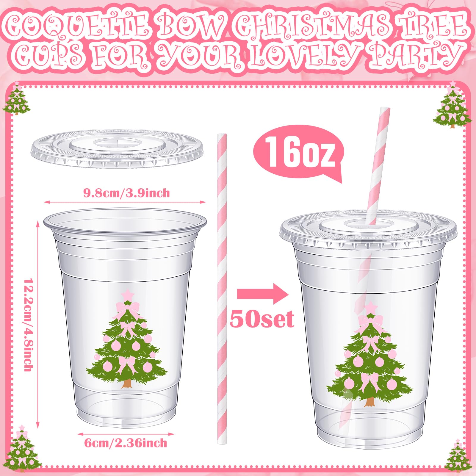 Sliner 50 Pcs 16 oz Coquette Disposable Plastic Cups with Straw for Party Supplies Bow Cup Birthday Wedding Bridal Engagement Dr