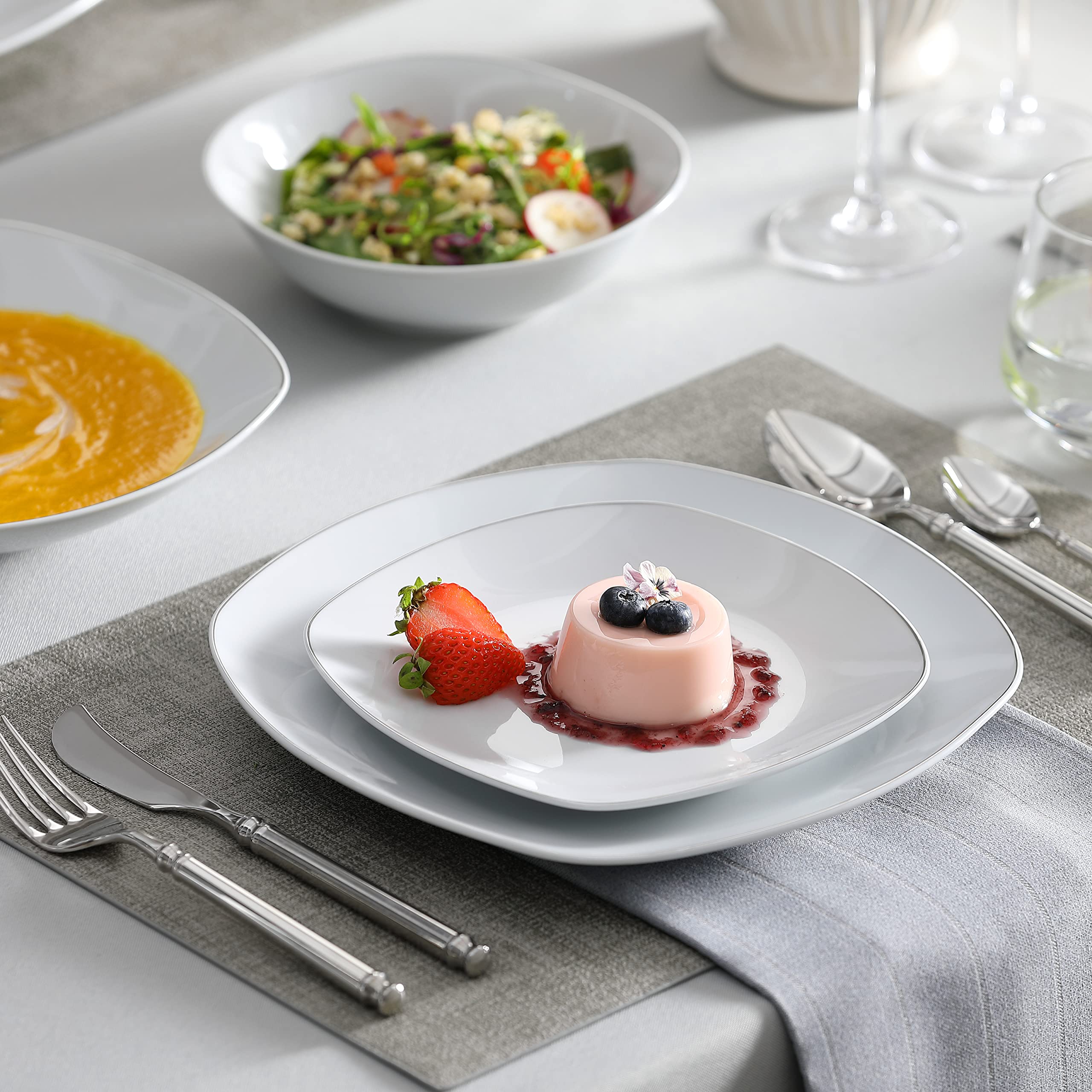 MALACASA Dinnerware Sets, 24-Piece Porcelain Square Dishes - White with Silver Rim, Modern Dish Set for 6 - Plates and Bowls Set