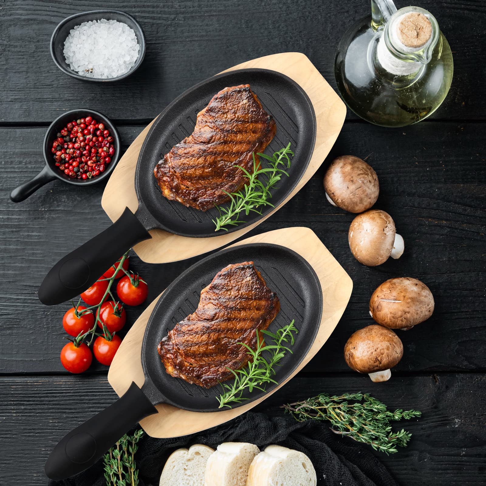 Tanlade 3 Sets Cast Iron Skillets Pre Seasoned Fajita Pan Heavy Duty Construction Sizzling Plates With Wooden Base And Silicone