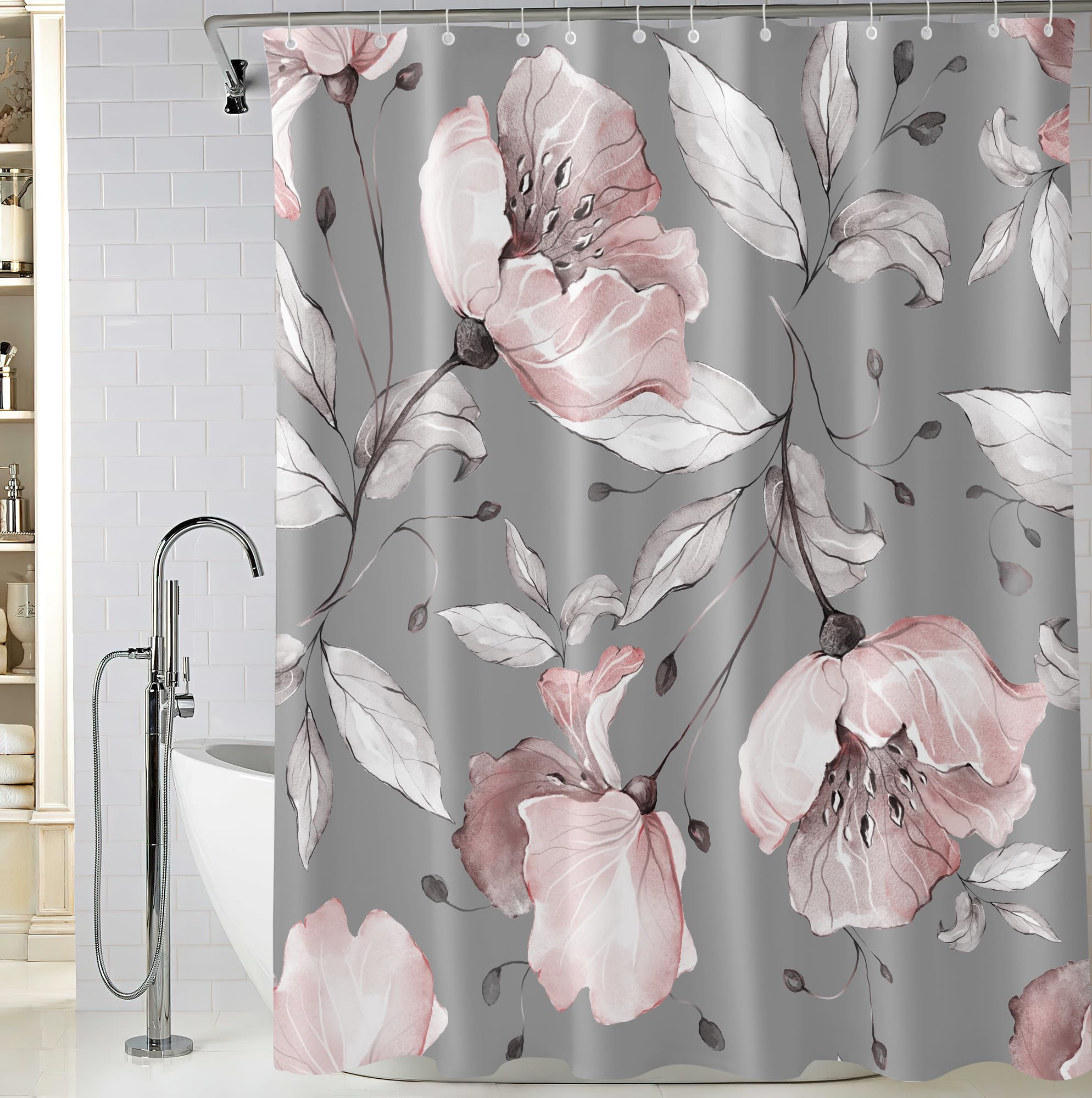 Bivinar Long Pink Flower Shower Curtain 72 X 78 Inch,Floral Botanical Shower Curtain For Bathroom Decor, Wildflower Herb Shower