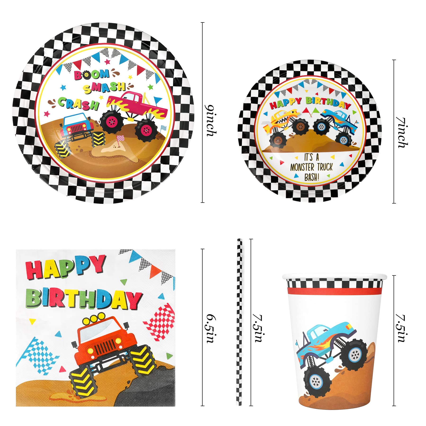 Monster Truck Party Supplies Decorations, Kids Birthday Paper Plates And Napkins Set With Cups And Straws For 24 Guests, 120 Pcs
