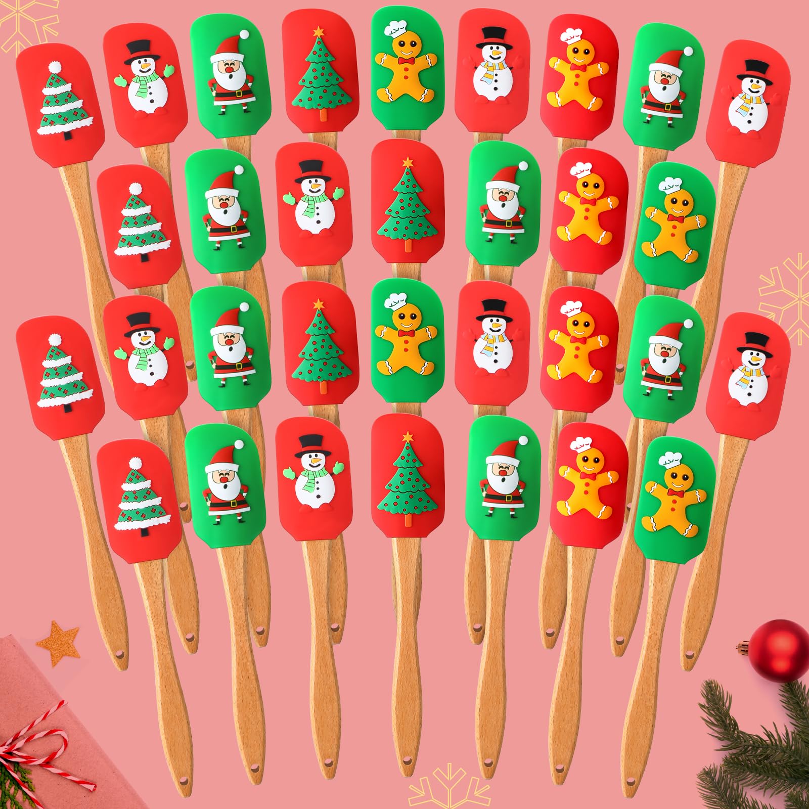 Menkxi 32 Pcs Christmas Silicone Spatulas, Wooden Handle Xmas Baking