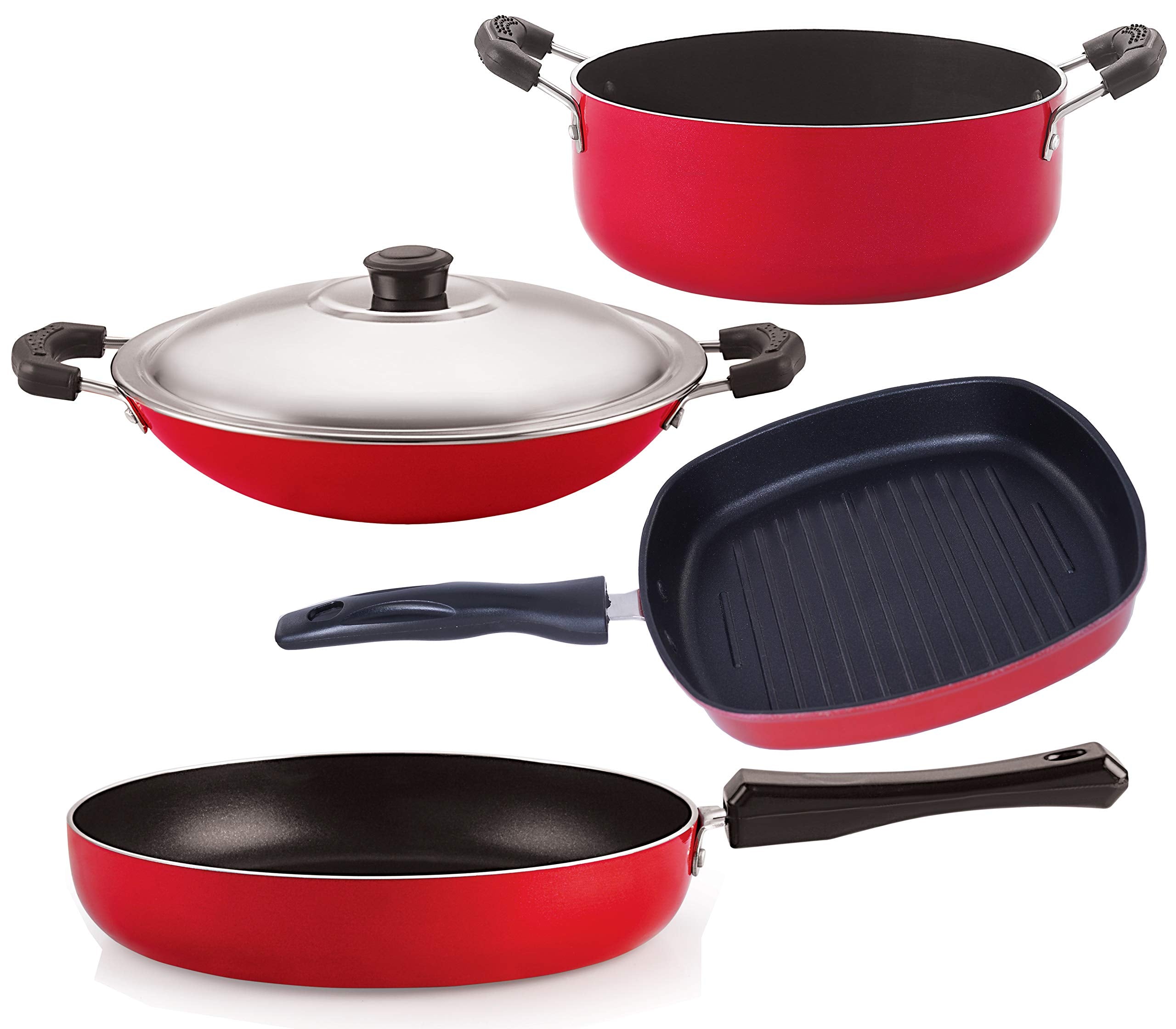 Nirlon NonStick Aluminum Cookware Set, 4Piece, Red And Black (2.6Mm_Fp10_Ac_Gp(22.5)_Cass20)