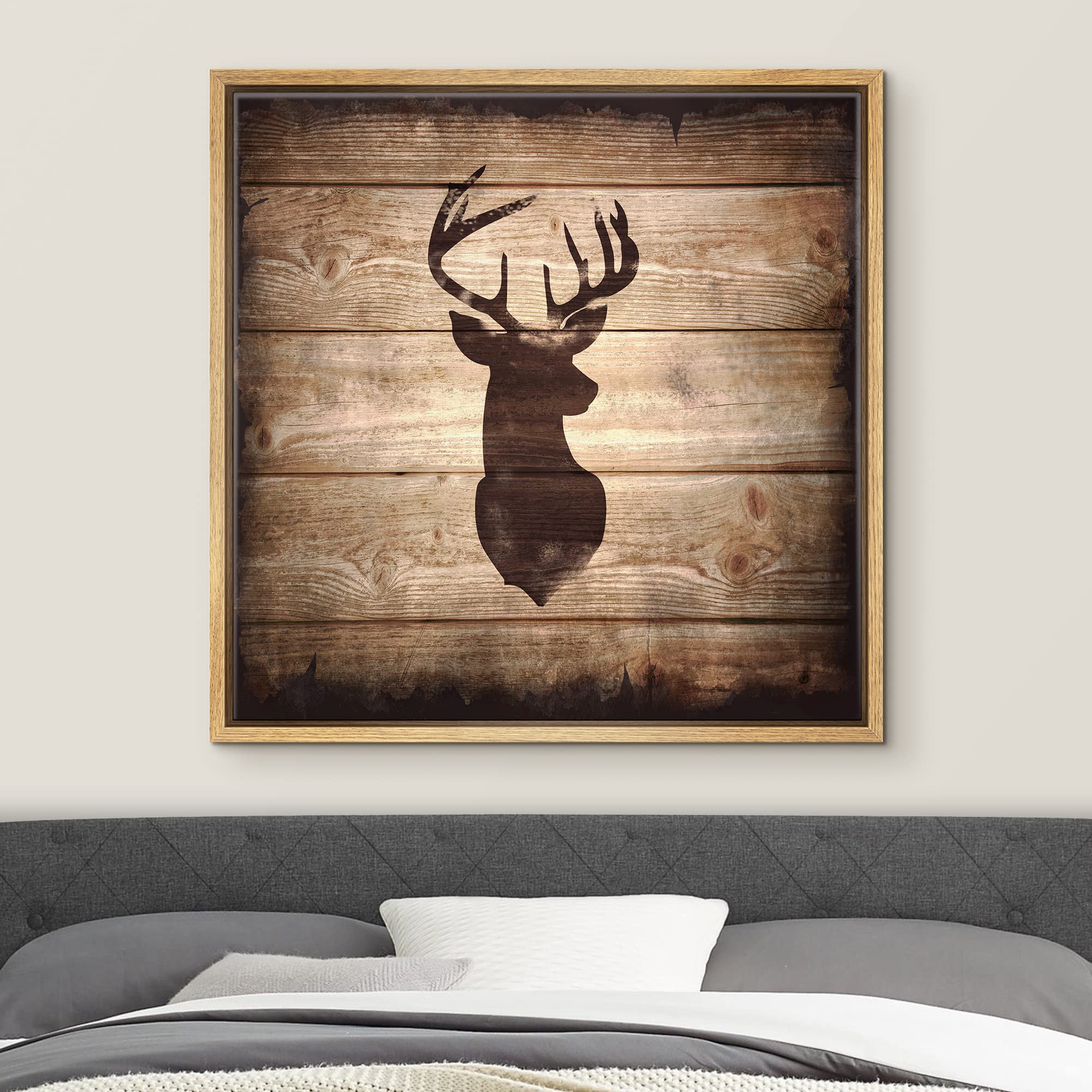 wall26 Square Framed Canvas Wall Art - Deer Antler Silhouette on Rustic Wood - Giclee Print - 24"x24" Natural Ready to Hang