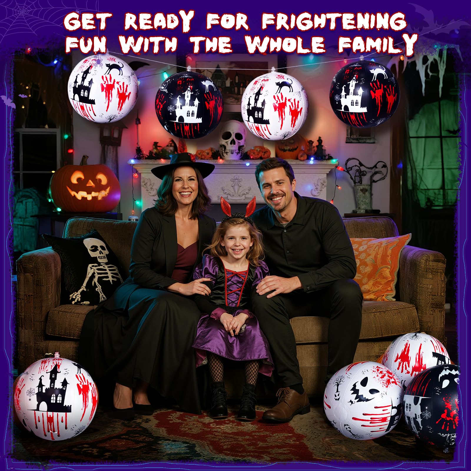 10 PCS 11.8 inch Hanging Halloween Decorations Ball Set, Inflatable Hanging Halloween Ornament Balls with Bloody Handprints, Hau