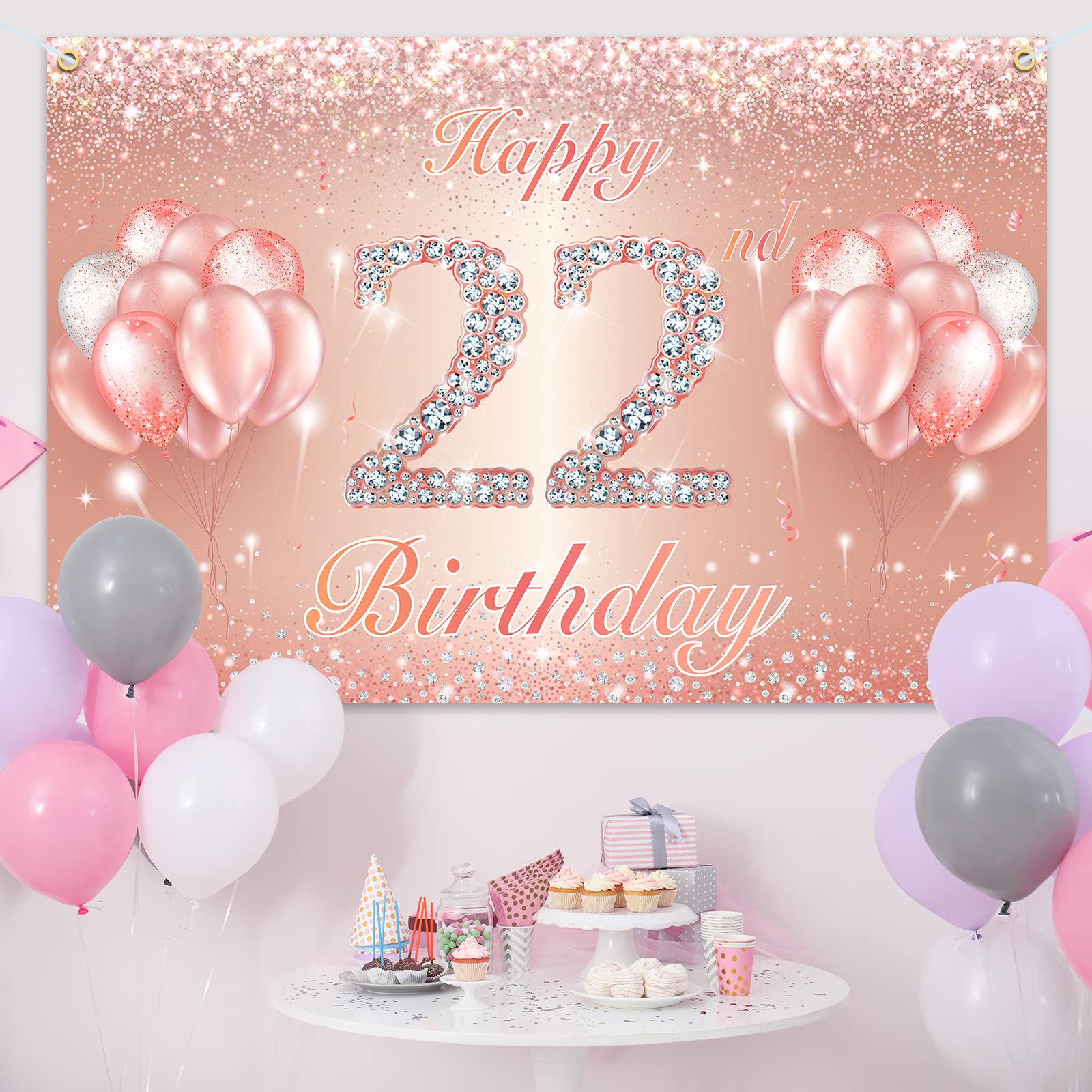 Happy 22Nd Birthday Banner Backdrop - 22 Birthday Party Decorations Supplies For Women Or Men - Rose Gold 4 X 6Ft