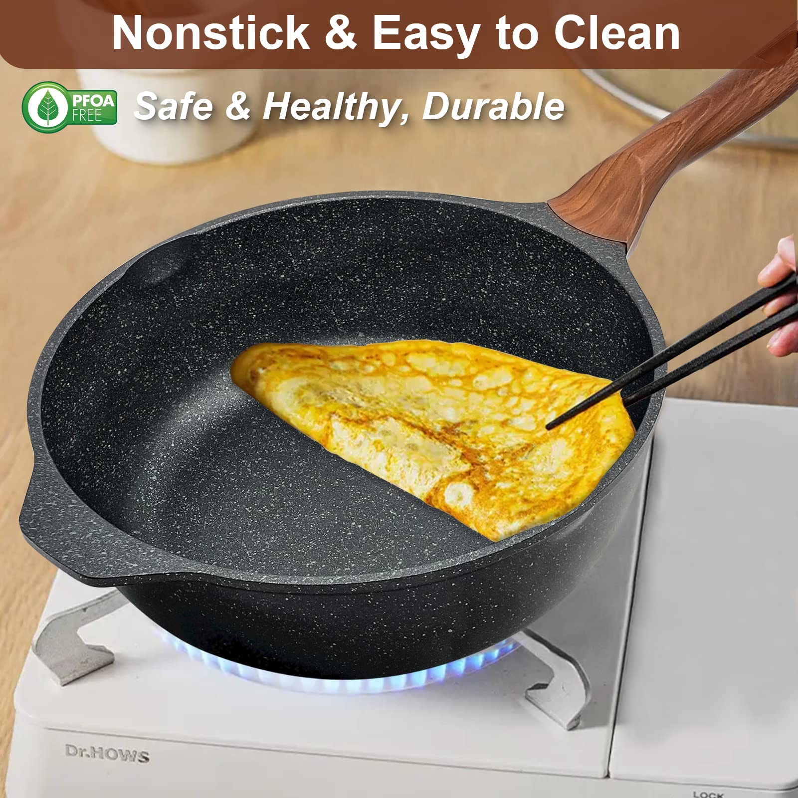 Wacetog Frying Pan With Lid Nonstick Skillet 11 Inch Wok Pan With Flat Bottom Woks & Stir-Fry Pans For Electric, Induction And G