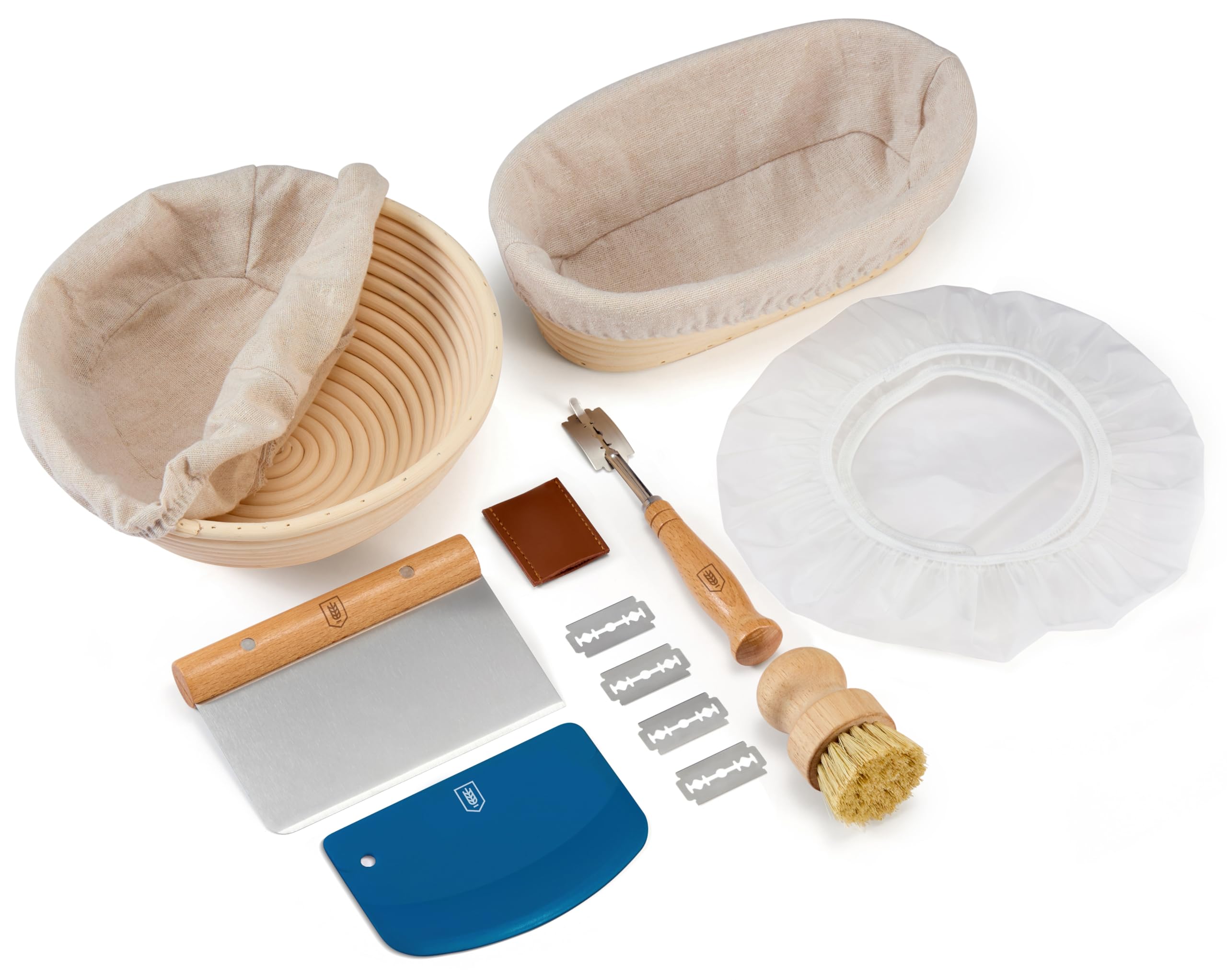 Bread Proofing Set, by Kook, Sourdough Bread, Rattan Baskets and Liners, 1 Round and 1 Oval Banneton Basket, Dough Scrapers, Sco