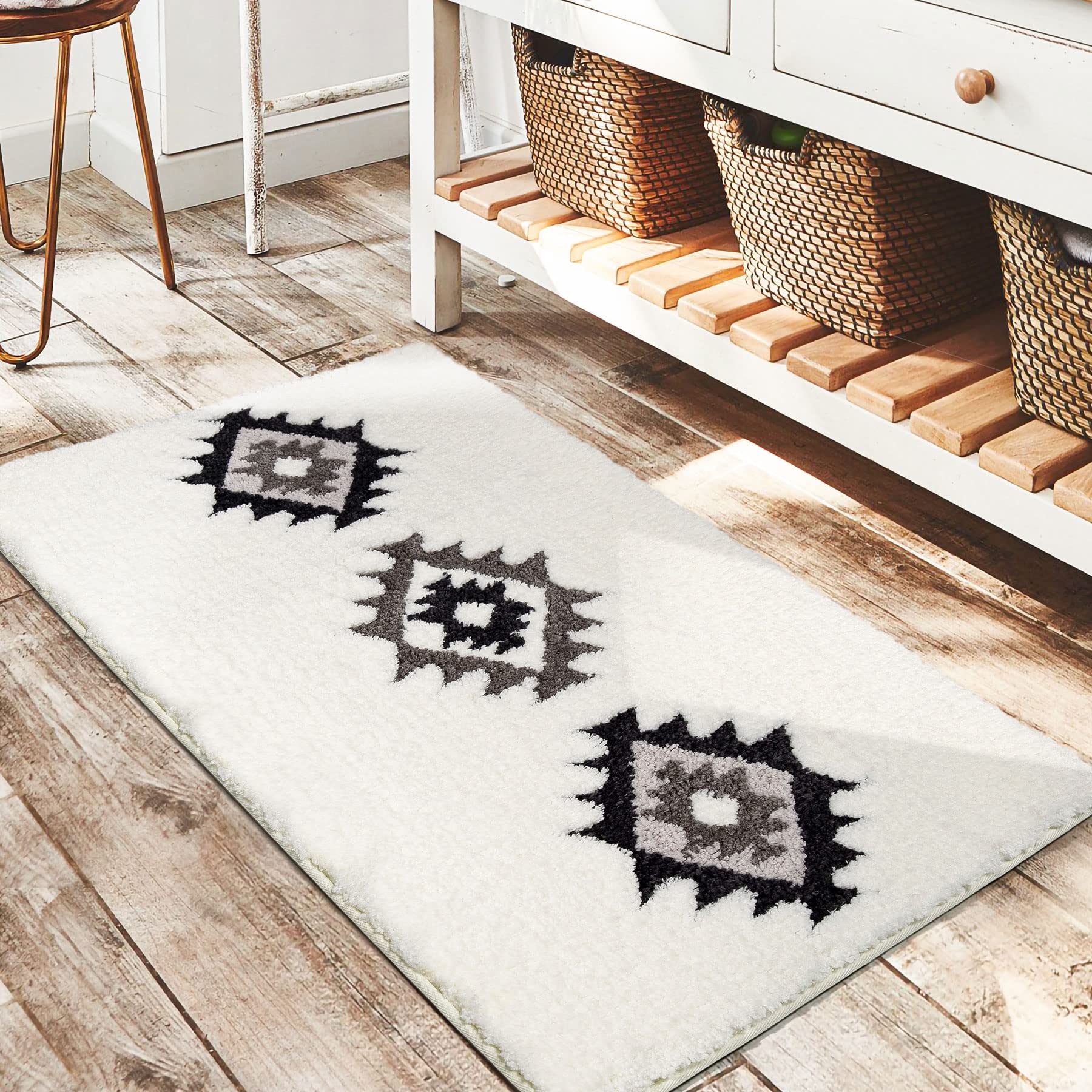 Dexde Boho Bathroom Rugs Black White Bath Mat Non Slip Western Geometric Bath Rug Luxury Soft Absorbent Carpet For Bathroom Show