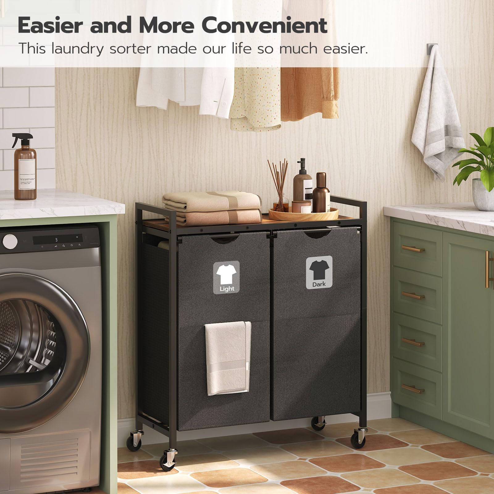 Hoobro Laundry Hamper, Laundry Sorter 2 Section, 2    13 Gal (49.5L), Laundry Basket With Wheels, Rolling Cart, Pull-Out And Rem