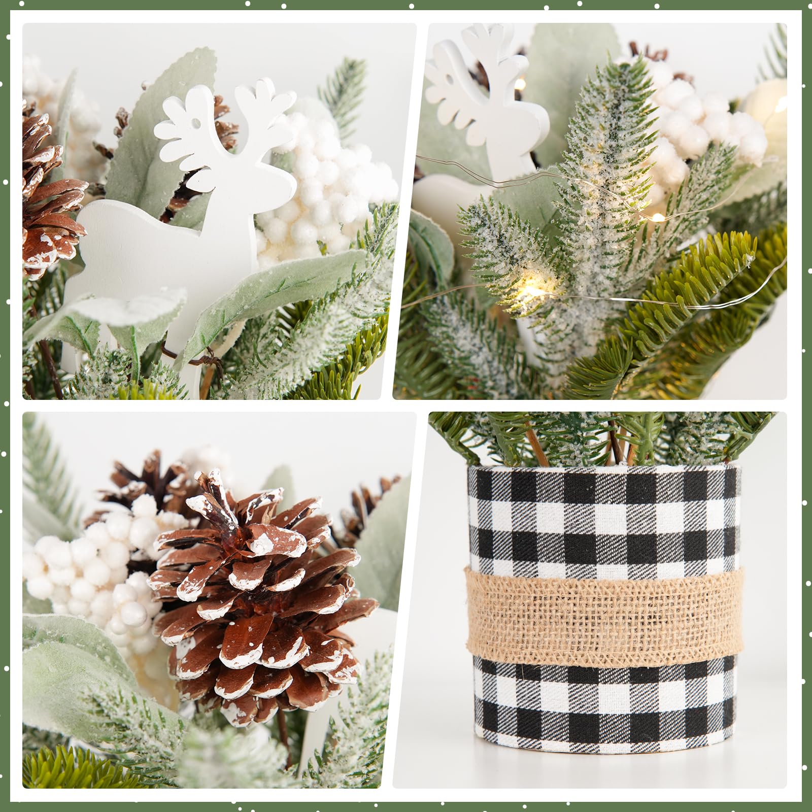 Small Table Top Christmas Tree with Lights, Mini Christmas Tree Decorations with Merry Christmas Reindeer Apple Berries Ornament