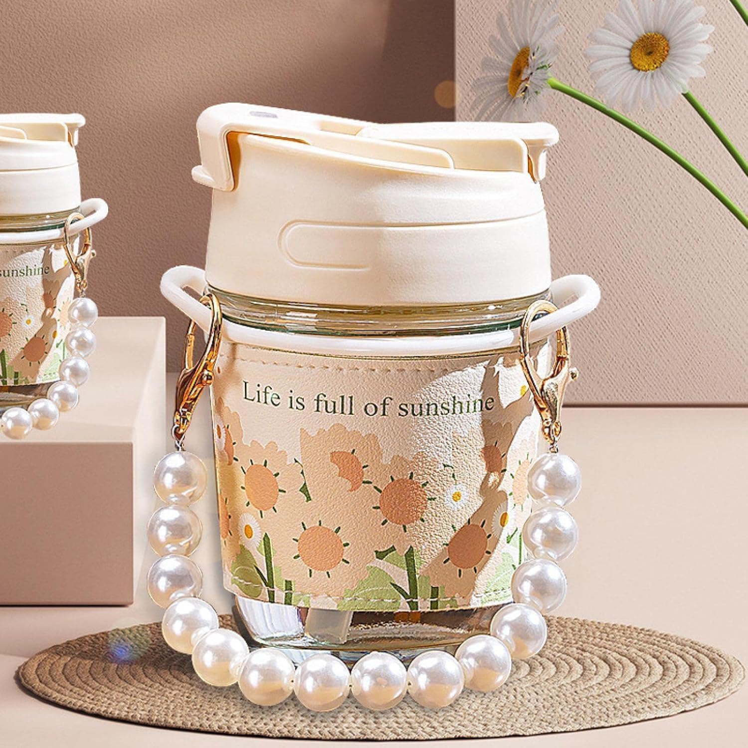 Aldea MOTI 350ml Glass Coffee Mug | White Pearl Reusable Tumbler with Sleeve & Pearl Chain | Dual Straw Lid Travel Cup for Drink