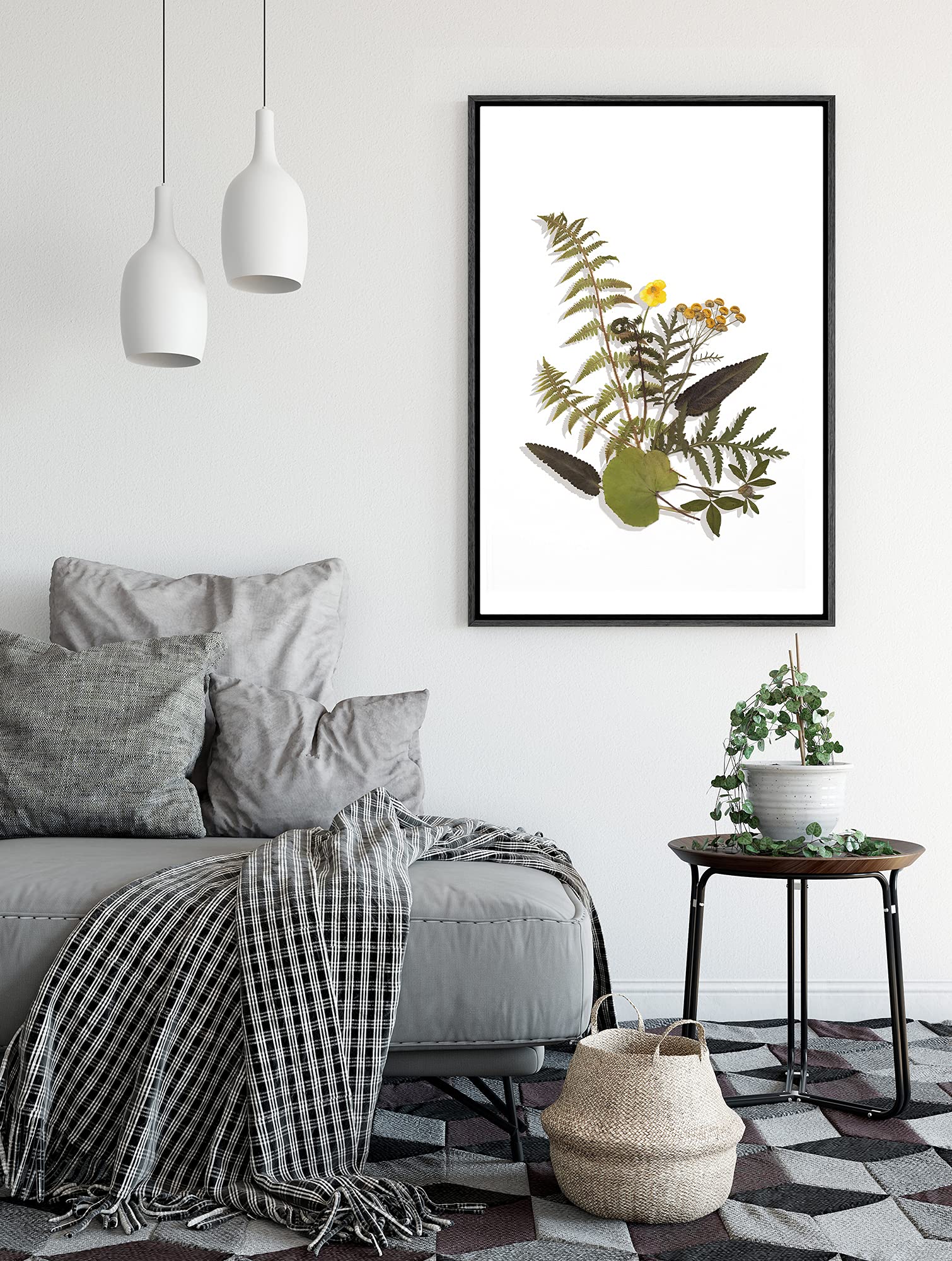 Signford Canvas Print Wall Art Fern Leaves & Yellow Poppies Floral Plants Illustrations Modern Art Rustic Group Colorful Cool Fo